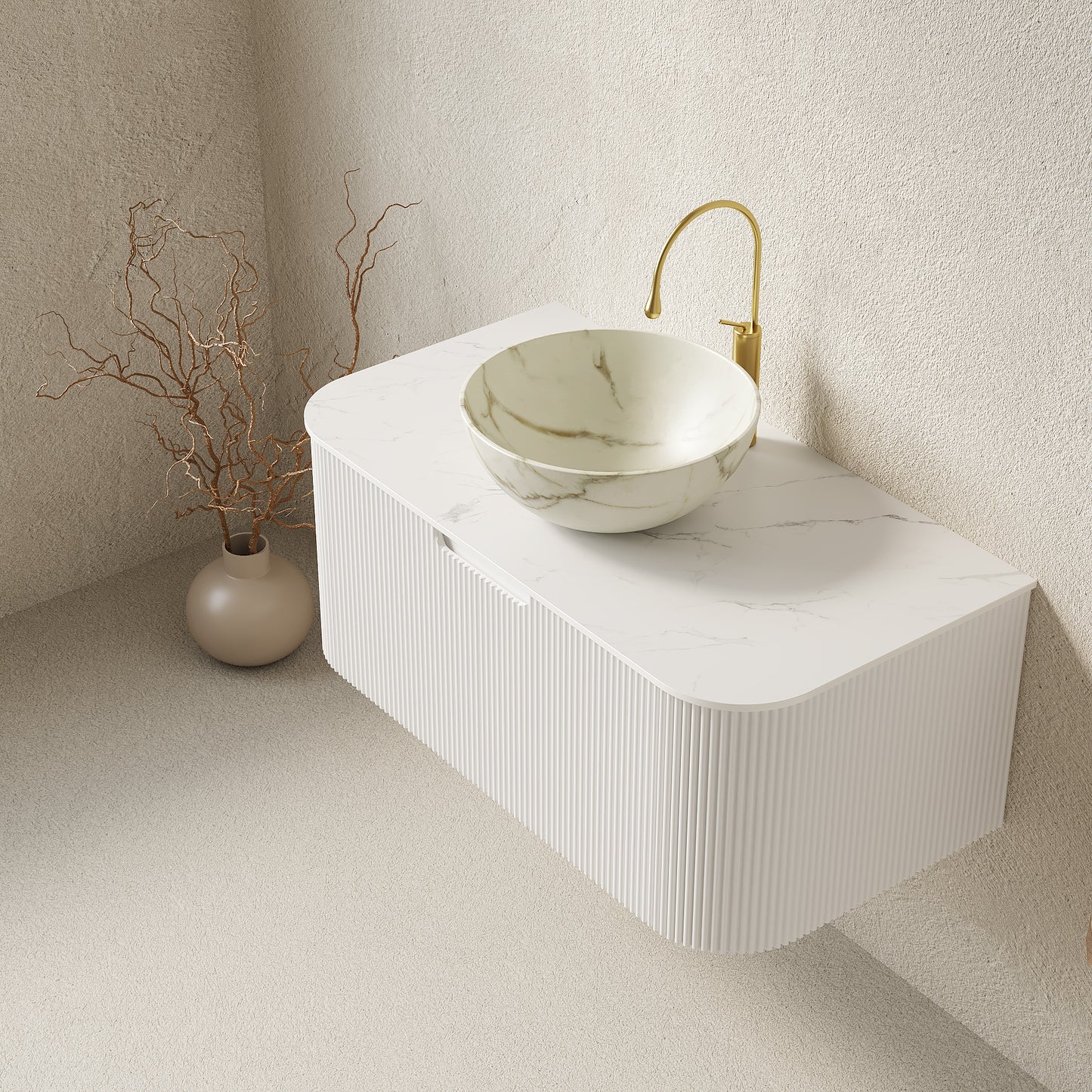 DINA 24" Bathroom Vanity&Sink, Floating Curved Edges Striped Storage Cabinet with Drawer, Matte Stone White Bowl Ceramic Basin&Carrara White Sintered Stone Top, Pre-assembled, White Color