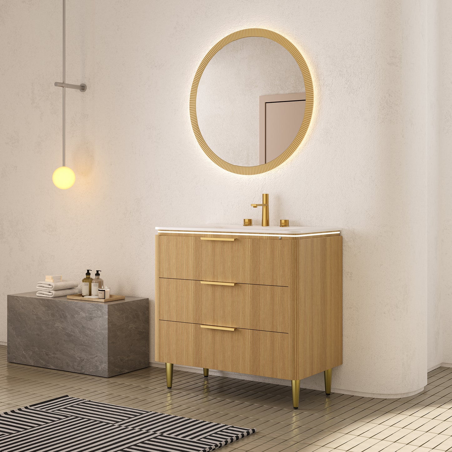 AMARA 36'' Bathroom Vanity&Sink, Freestanding Curved Edges Ultra-Slim Grille Plywood Storage Cabinet, 3 Drawers, Carrara White Sintered Stone Integrated Basin