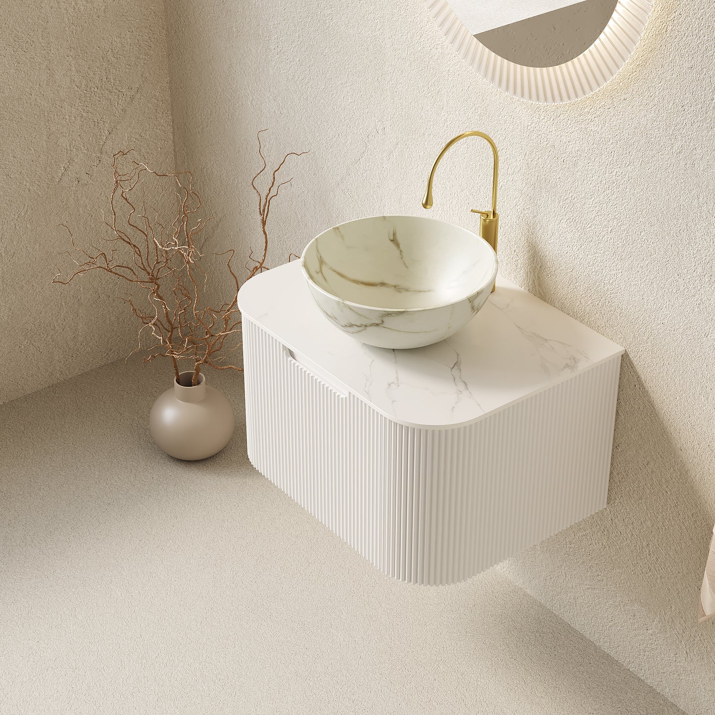 DINA 24" Bathroom Vanity&Sink, Floating Curved Edges Striped Storage Cabinet with Drawer, Matte Stone White Bowl Ceramic Basin&Carrara White Sintered Stone Top, Pre-assembled, White Color