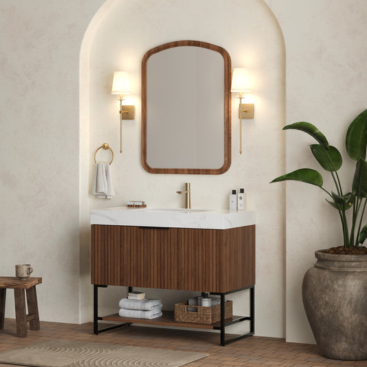 YOLAN 36" Badezimmer-Waschtisch und Waschbecken, freistehender gestreifter Sperrholz-Aufbewahrungsschrank mit Schublade und offenem Regal, Carrara-Weiß,