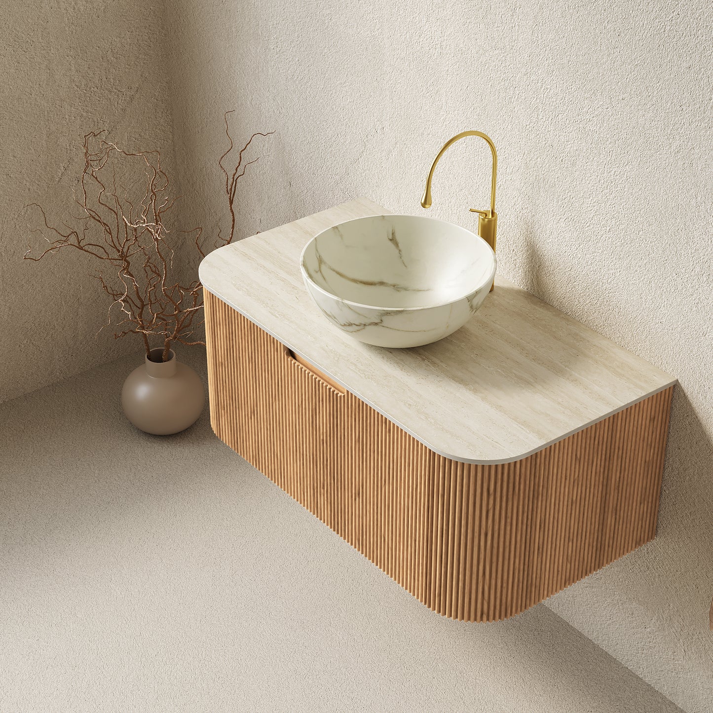 DINA Bathroom Vanity&Sinks, Floating Curved Edges Striped Storage Cabinet, Natural Woodgrain