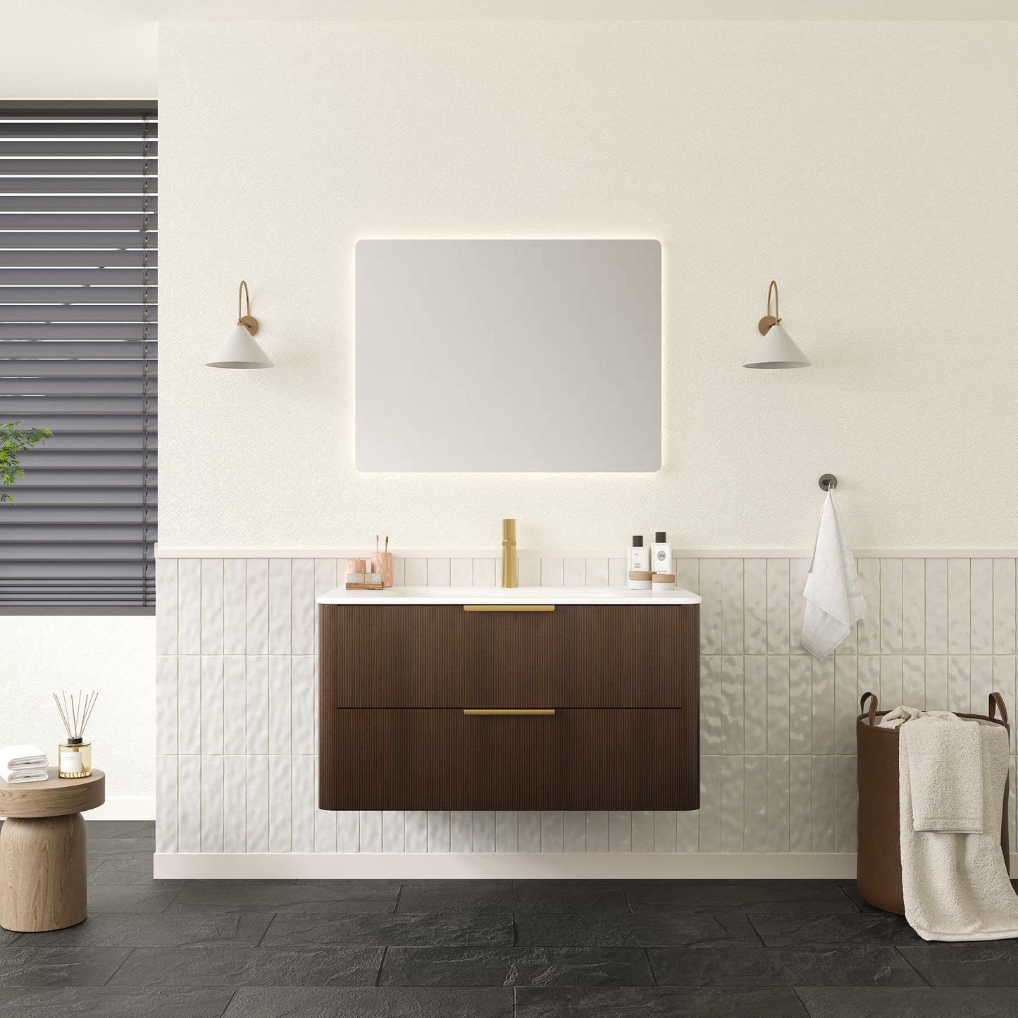 ZANE 30 Badezimmer-Waschtisch mit Waschbecken, schwebender Aufbewahrungsschrank aus Sperrholz mit ultra-Nadelstreifen und Schubladen, italienische Walnussholzmaserung