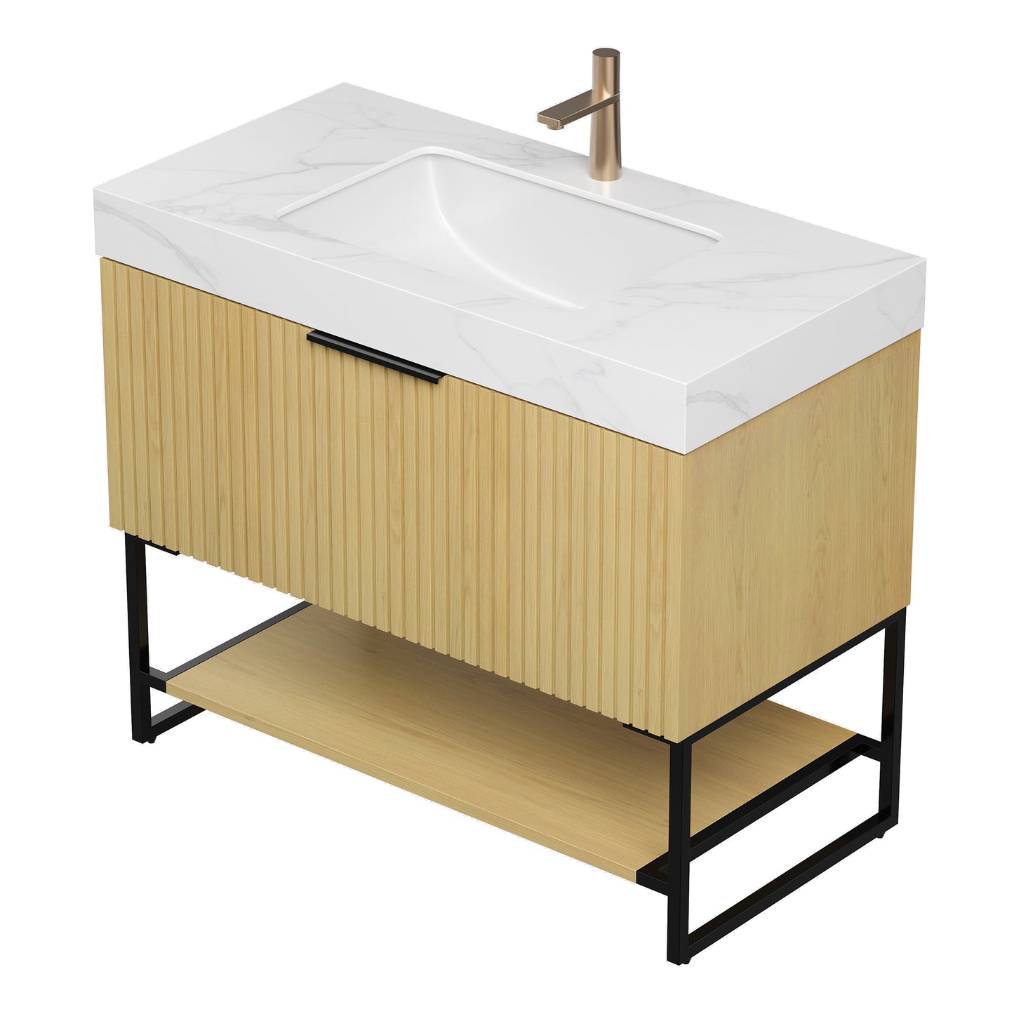 YOLAN 36" Badezimmer-Waschtisch und Waschbecken, freistehender gestreifter Sperrholz-Aufbewahrungsschrank mit Schublade und offenem Regal, Carrara-Weiß, Corolla-Eiche 