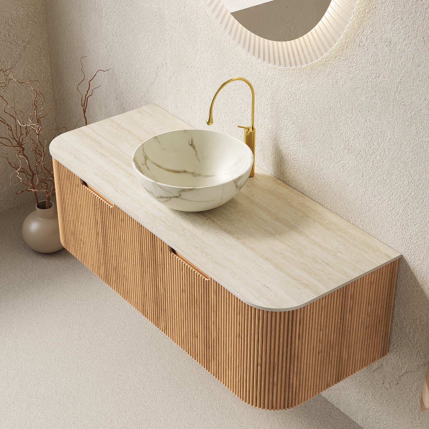 DINA Bathroom Vanity&Sinks, Floating Curved Edges Striped Storage Cabinet, Natural Woodgrain