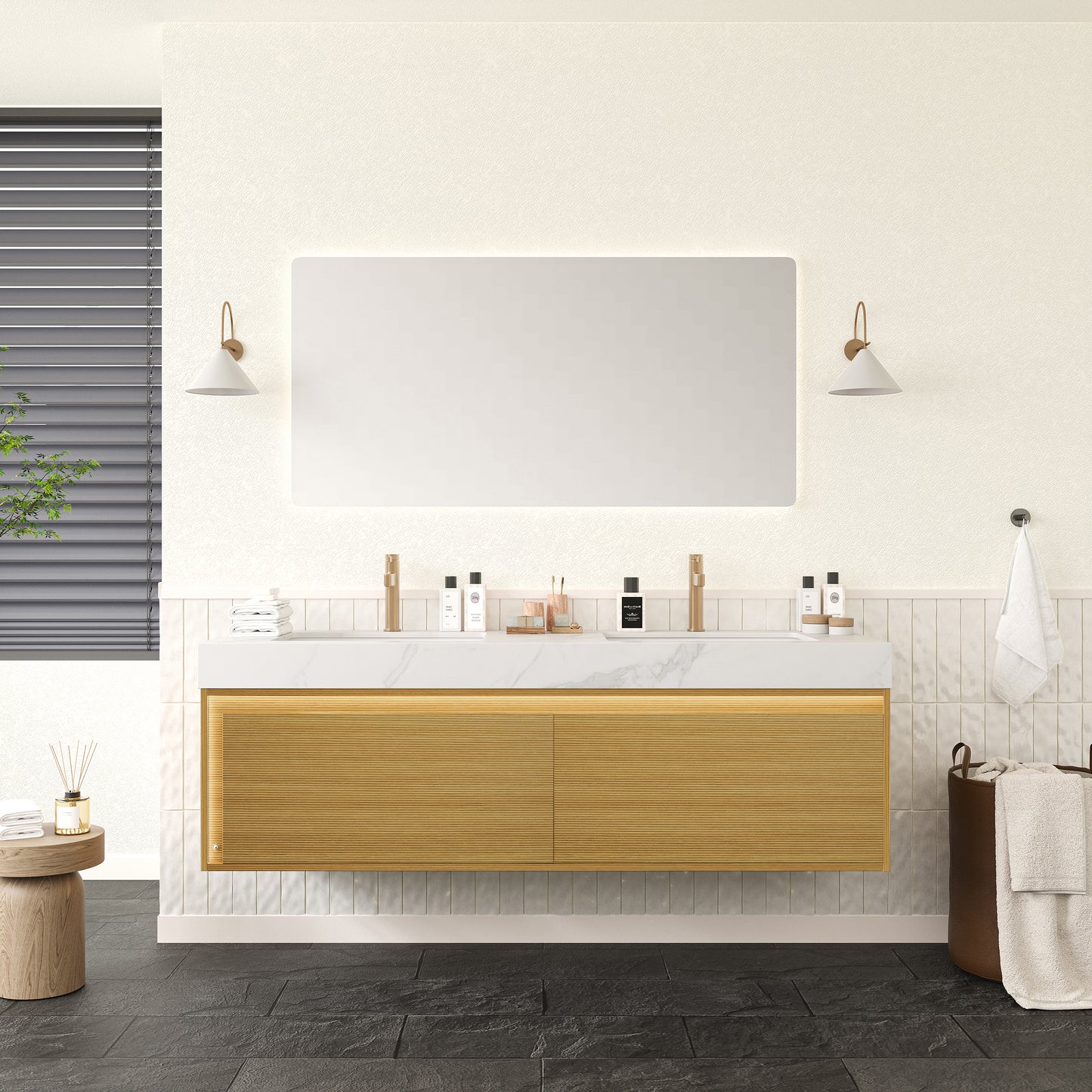 NYAH 60'' Bathroom Vanity&Sinks, Floating Ultra-Slim Grille Plywood Storage Cabinet, Carrara White