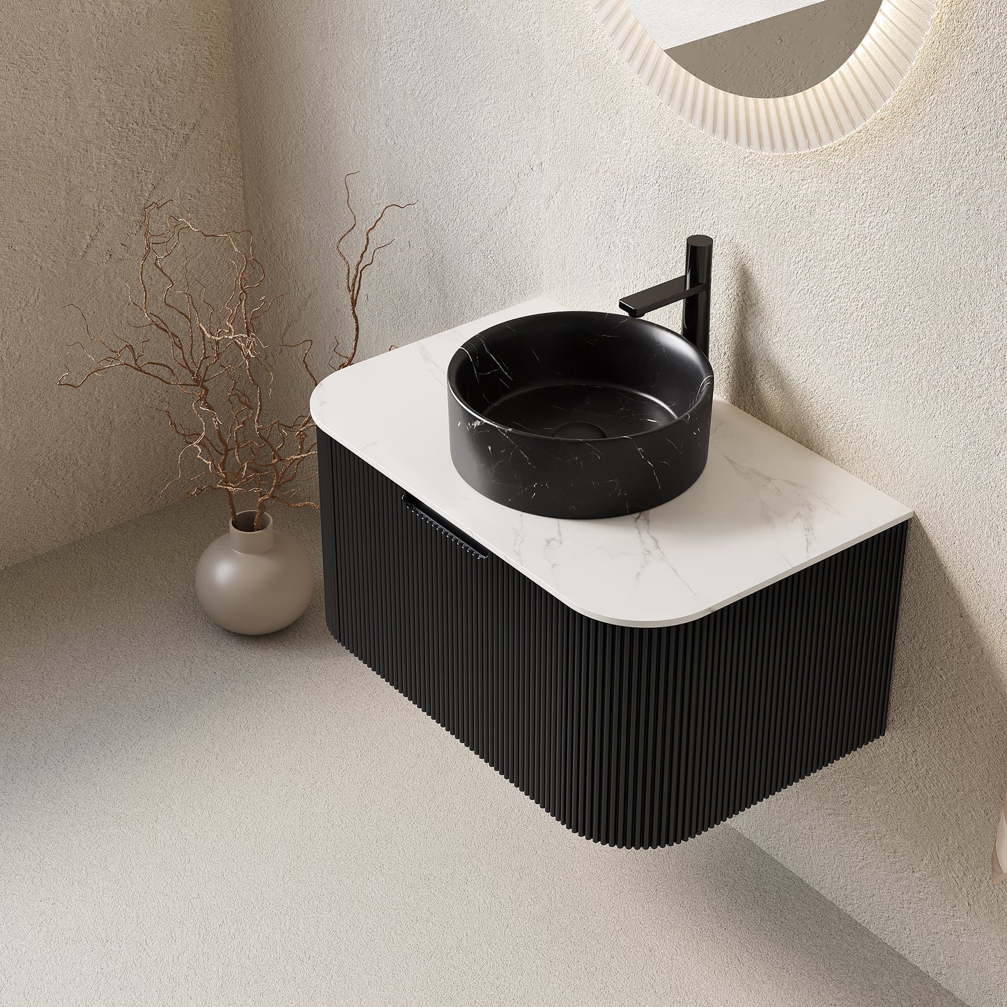 DINA 60" Bathroom Vanity&Sinks, Floating Curved Edges Striped Storage Cabinet with 2 Drawers, 2 Stone Black Round Ceramic Basins&Carrara White Sintered Stone Top, Pre-assembled, Black Color