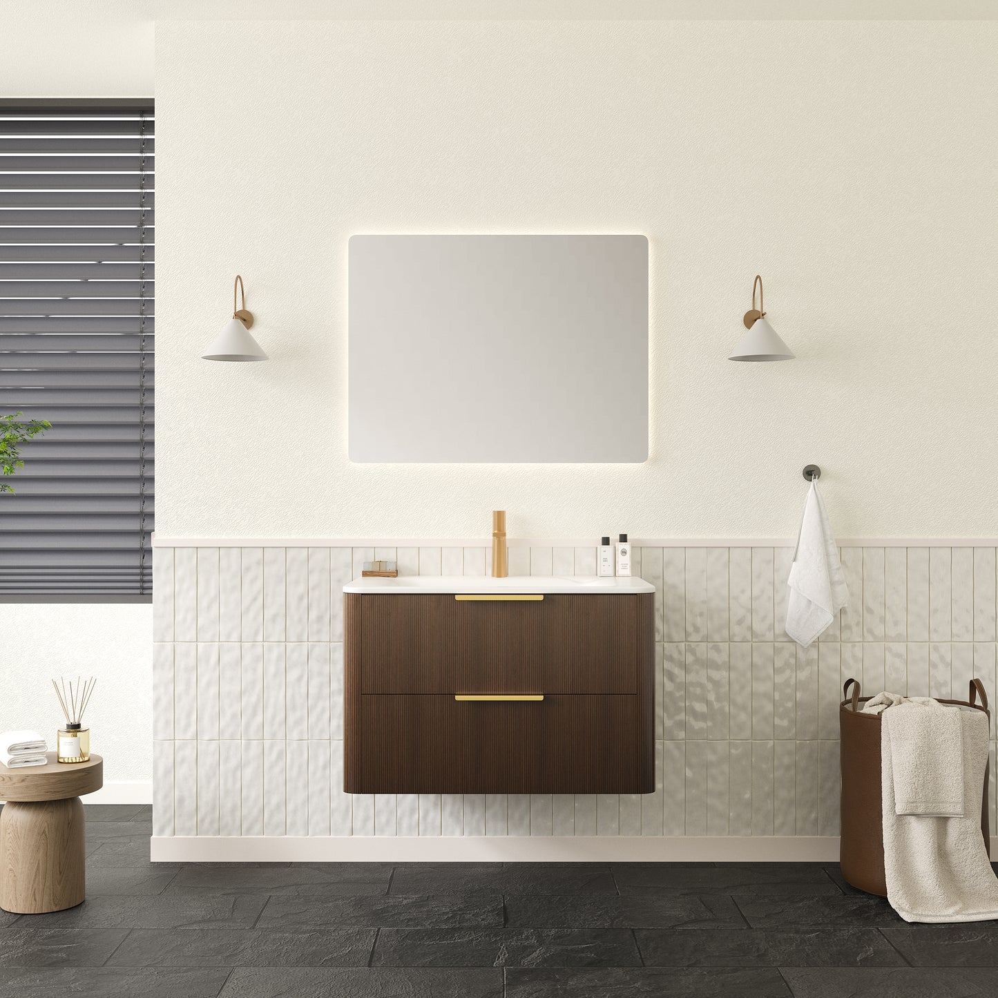 ZANE 30 Badezimmer-Waschtisch mit Waschbecken, schwebender Aufbewahrungsschrank aus Sperrholz mit ultra-Nadelstreifen und Schubladen, italienische Walnussholzmaserung