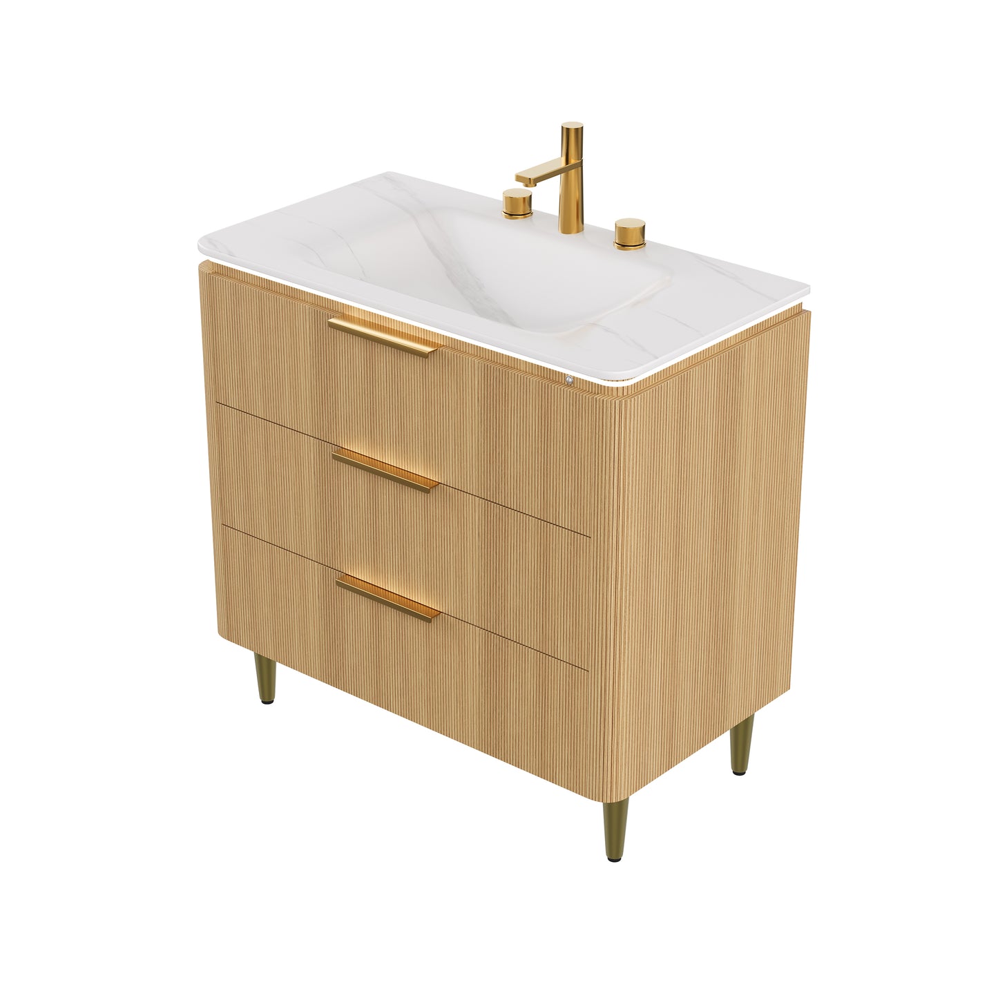 AMARA 36'' Bathroom Vanity&Sink, Freestanding Curved Edges Ultra-Slim Grille Plywood Storage Cabinet, 3 Drawers, Carrara White Sintered Stone Integrated Basin