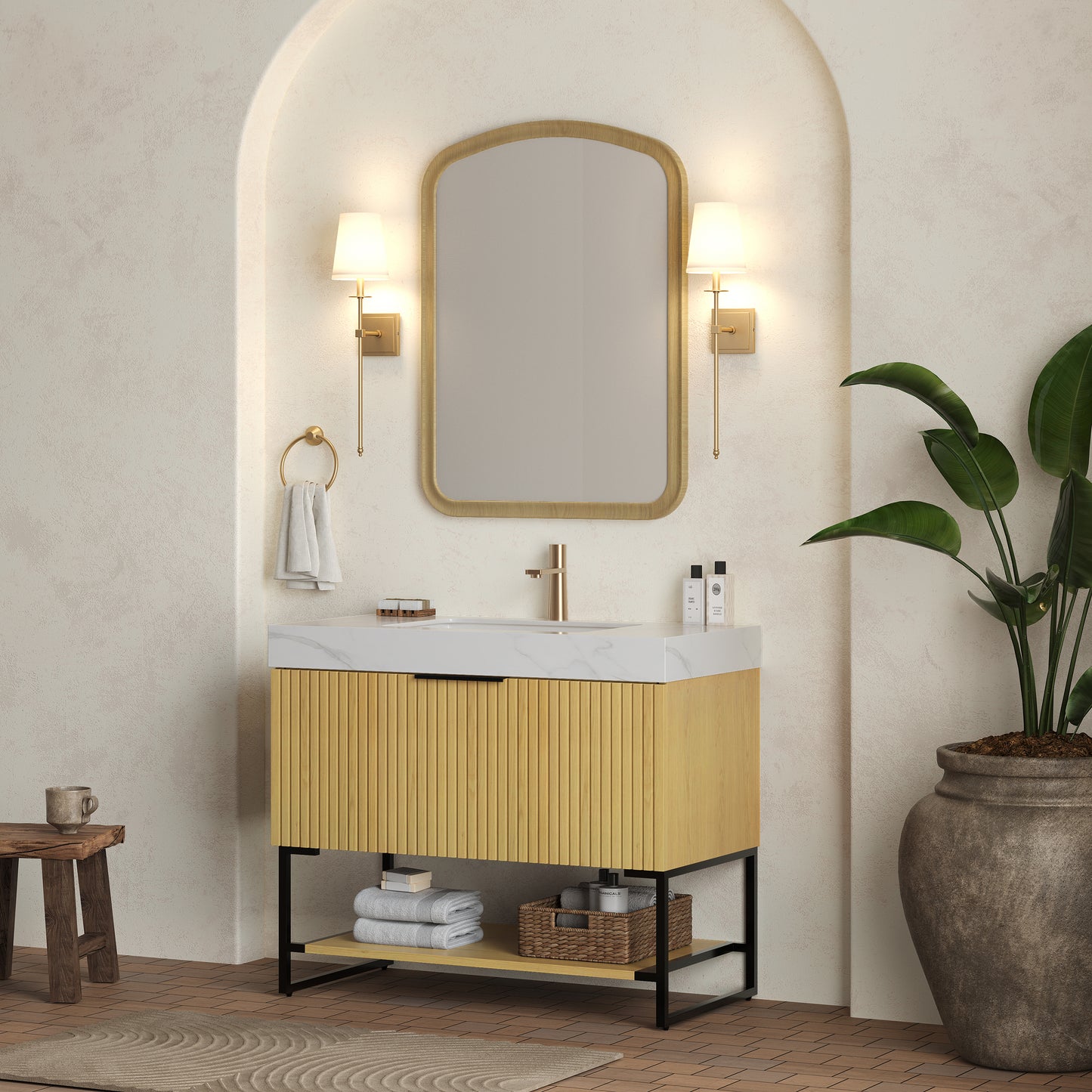 YOLAN 36" Badezimmer-Waschtisch und Waschbecken, freistehender gestreifter Sperrholz-Aufbewahrungsschrank mit Schublade und offenem Regal, Carrara-Weiß, Corolla-Eiche 