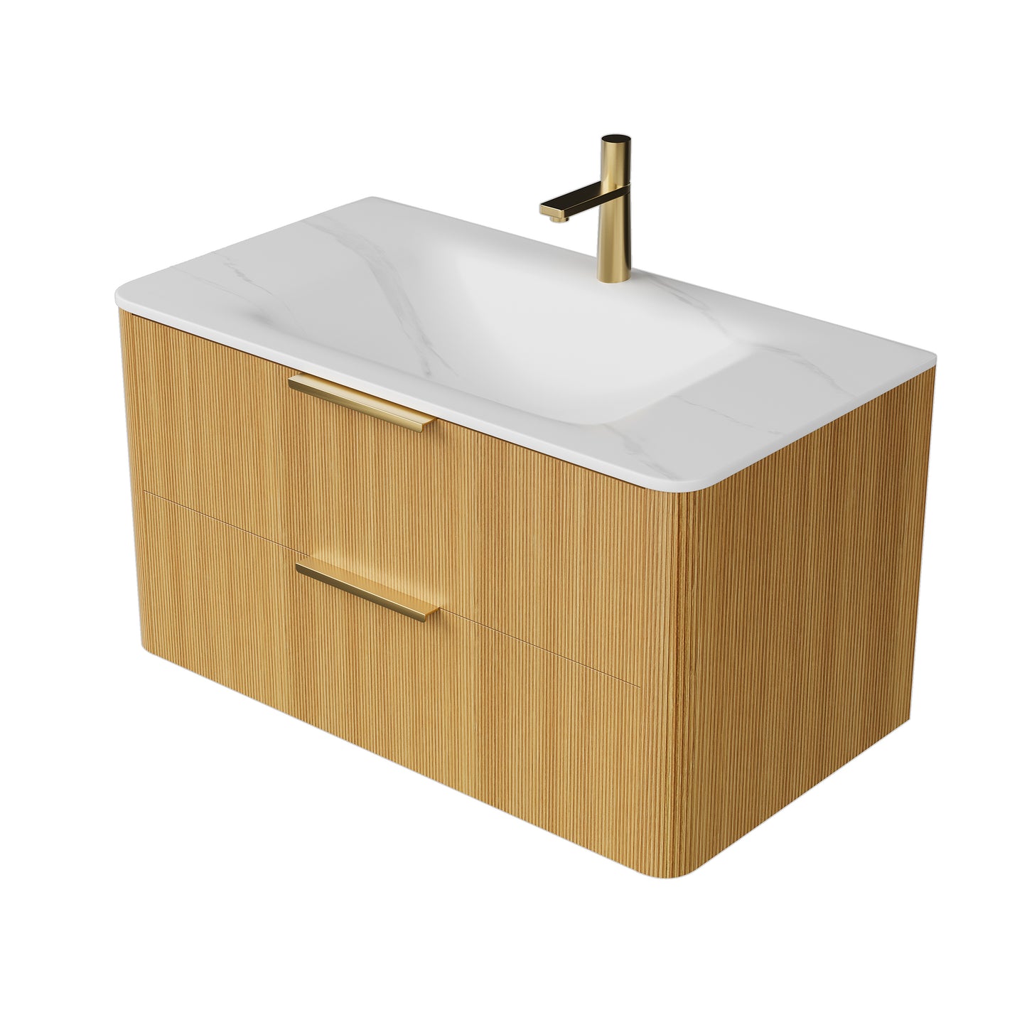 ZANE 36" Badezimmer-Waschtisch mit Waschbecken, schwebender Aufbewahrungsschrank aus Sperrholz mit ultra-Nadelstreifen und Schubladen, helle natürliche Holzmaserung