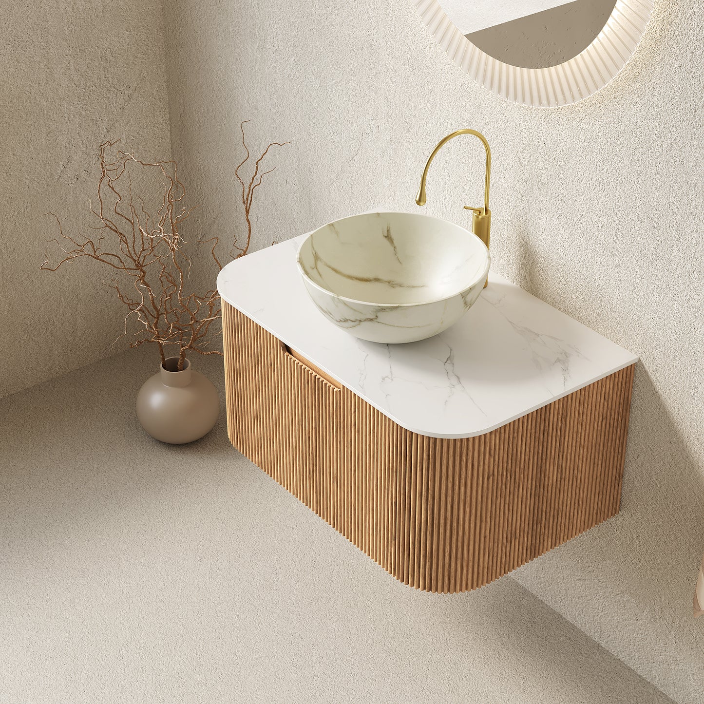 DINA Bathroom Vanity&Sinks, Floating Curved Edges Striped Storage Cabinet, Natural Woodgrain
