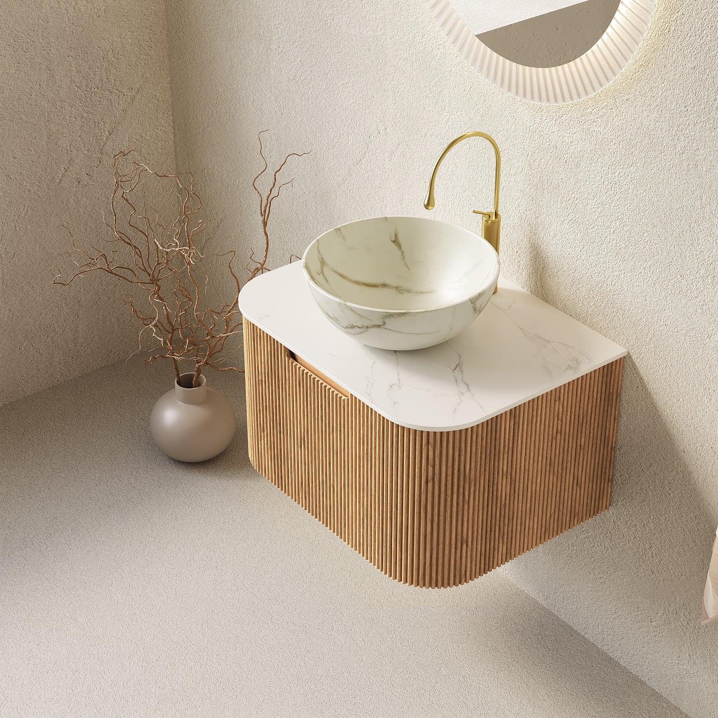 DINA Bathroom Vanity&Sinks, Floating Curved Edges Striped Storage Cabinet, Natural Woodgrain