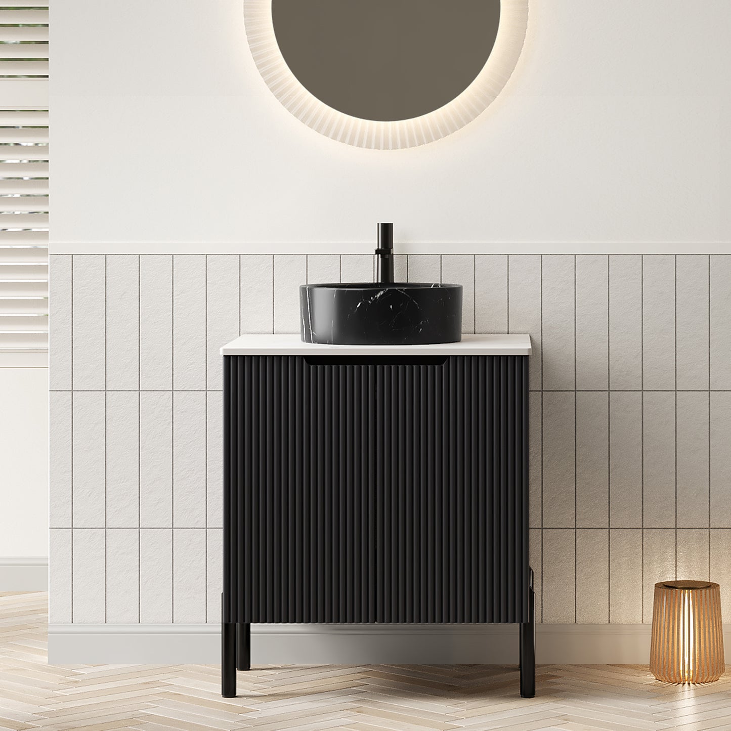 TURIO 24" Bathroom Vanity with Sink, Freestanding Bathroom Storage Cabinet with 2 Doors, Transparent Black Round Glass Basin and Carrara White Sintered Stone Countertop, No Faucet, Black Color