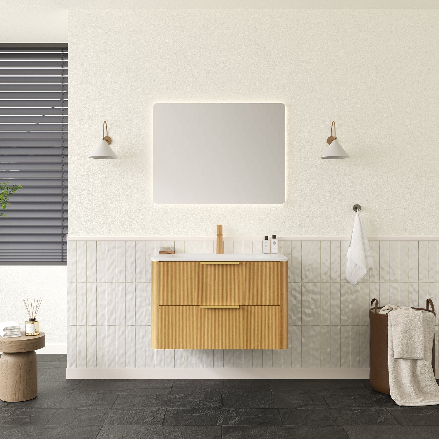 ZANE 36" Badezimmer-Waschtisch mit Waschbecken, schwebender Aufbewahrungsschrank aus Sperrholz mit ultra-Nadelstreifen und Schubladen, helle natürliche Holzmaserung