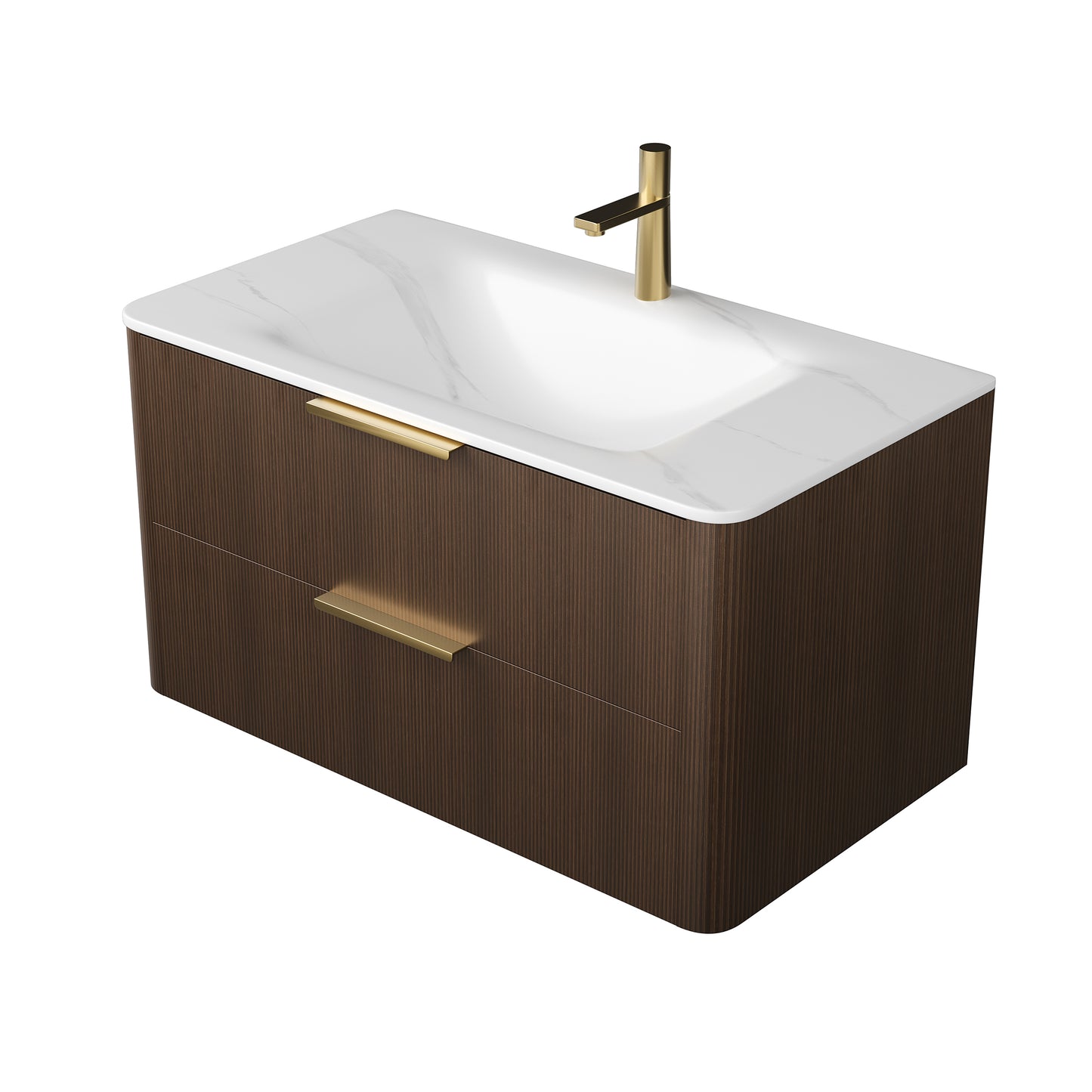 ZANE 30 Badezimmer-Waschtisch mit Waschbecken, schwebender Aufbewahrungsschrank aus Sperrholz mit ultra-Nadelstreifen und Schubladen, italienische Walnussholzmaserung