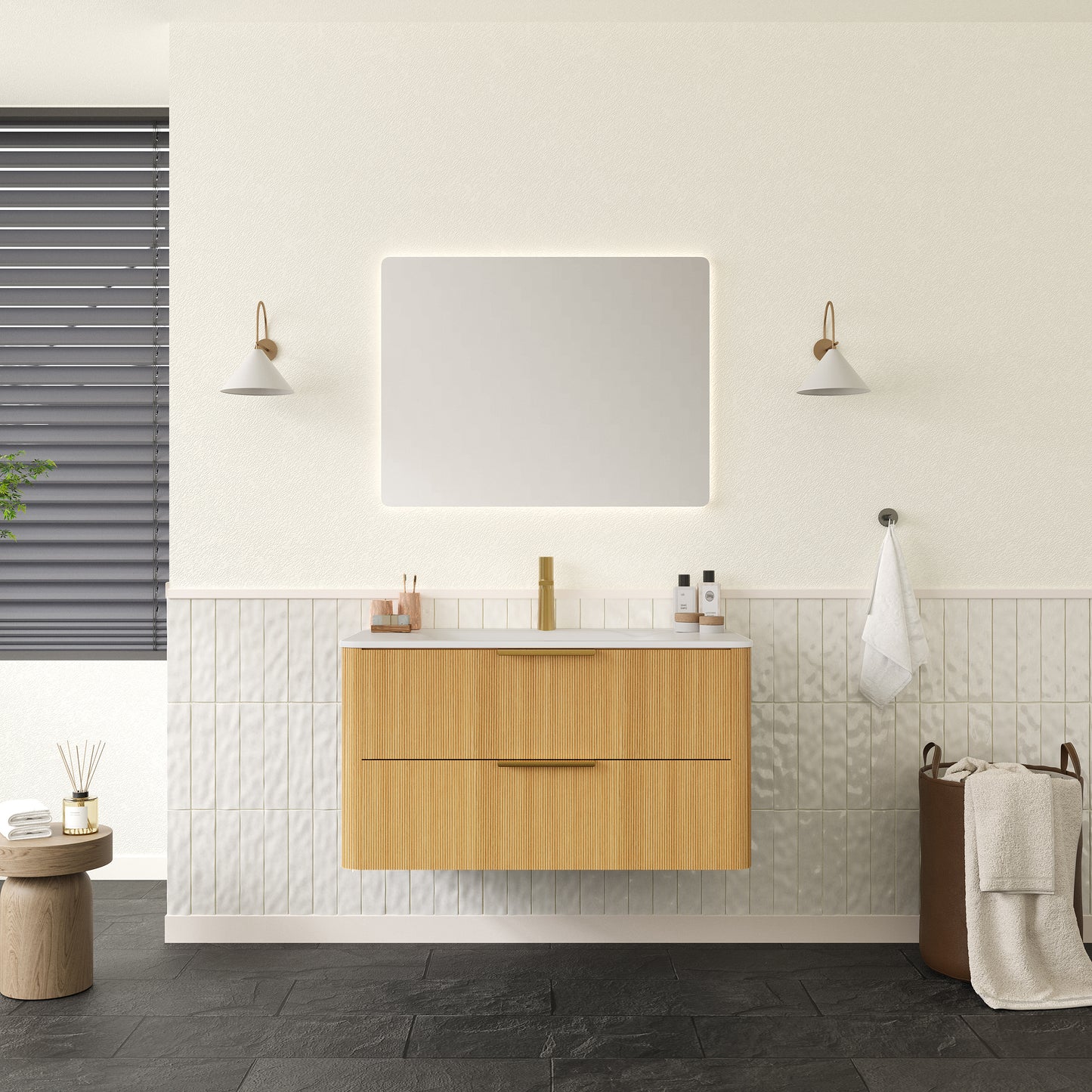 ZANE 36" Badezimmer-Waschtisch mit Waschbecken, schwebender Aufbewahrungsschrank aus Sperrholz mit ultra-Nadelstreifen und Schubladen, helle natürliche Holzmaserung