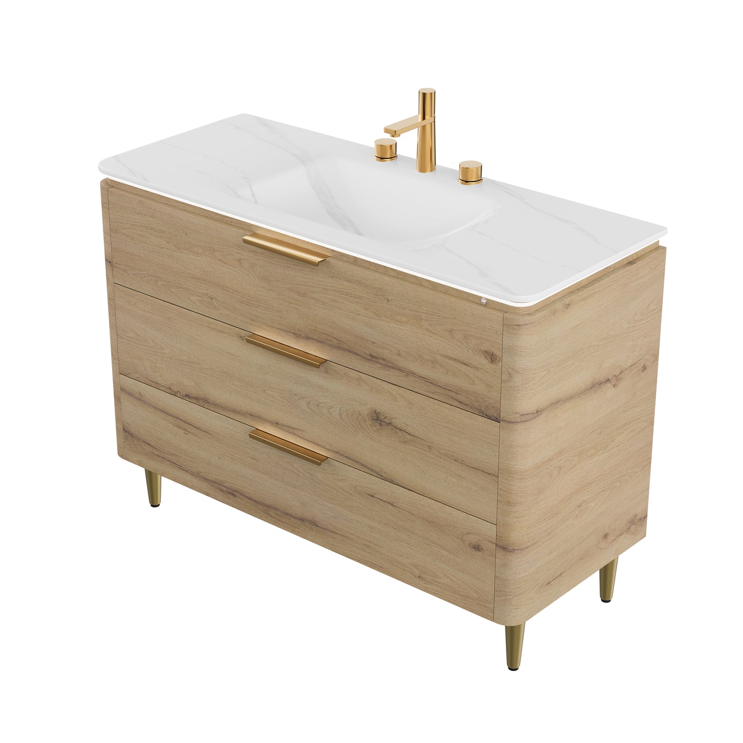 AMARA 36'' Bathroom Vanity with Sink, Freestanding Curved Edges Plywood Bathroom Storage Cabinet with 3 Drawers, Carrara White Sintered Stone Integrated Basin,