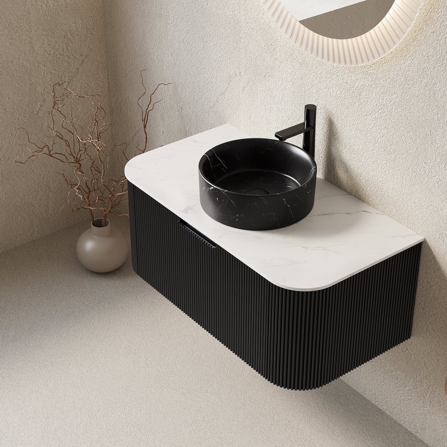 DINA 60" Bathroom Vanity&Sinks, Floating Curved Edges Striped Storage Cabinet with 2 Drawers, 2 Stone Black Round Ceramic Basins&Carrara White Sintered Stone Top, Pre-assembled, Black Color