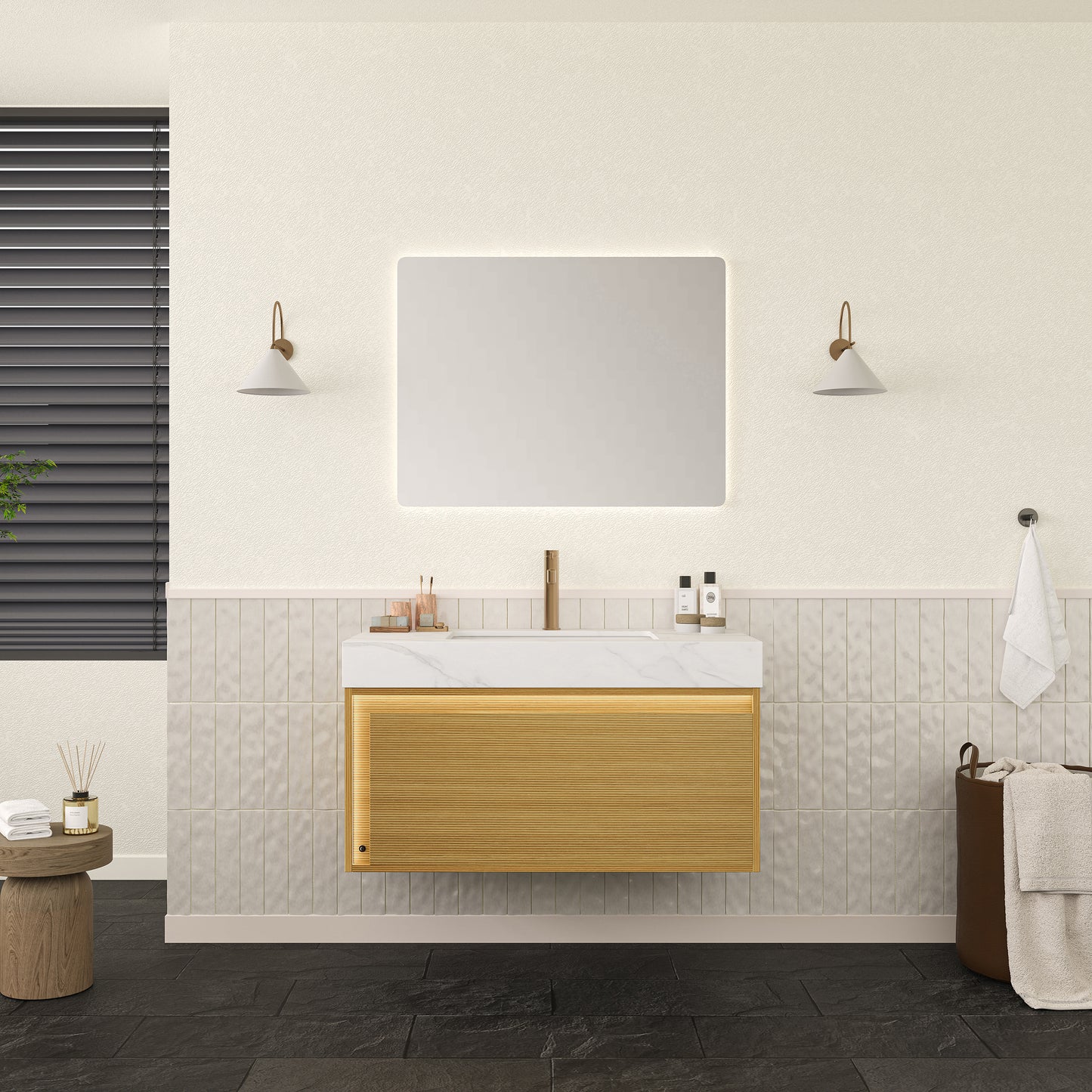 NYAH 60'' Bathroom Vanity&Sinks, Floating Ultra-Slim Grille Plywood Storage Cabinet, Carrara White
