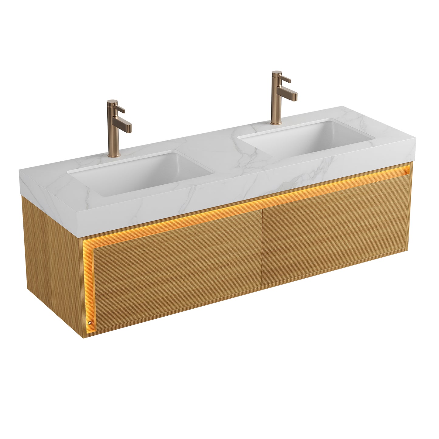 NYAH 60'' Bathroom Vanity&Sinks, Floating Ultra-Slim Grille Plywood Storage Cabinet, Carrara White