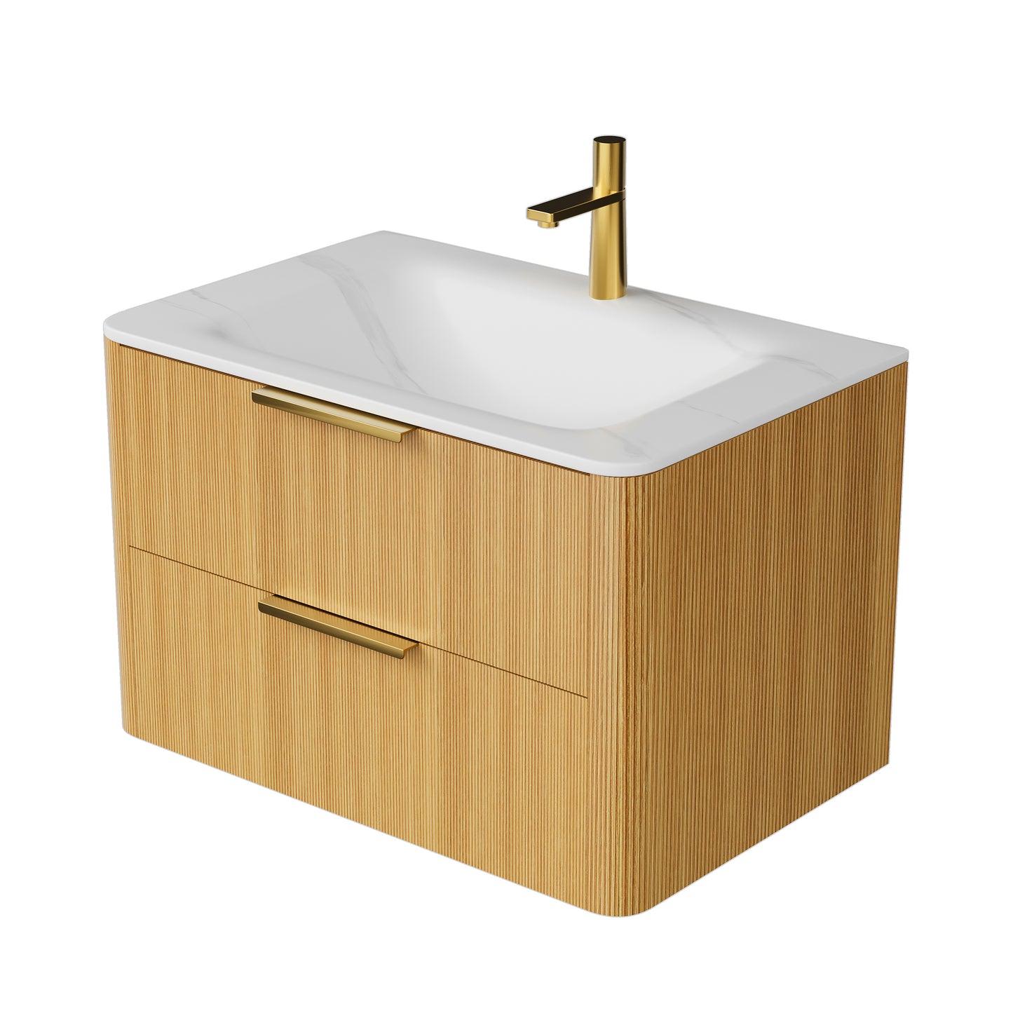 ZANE 36" Badezimmer-Waschtisch mit Waschbecken, schwebender Aufbewahrungsschrank aus Sperrholz mit ultra-Nadelstreifen und Schubladen, helle natürliche Holzmaserung