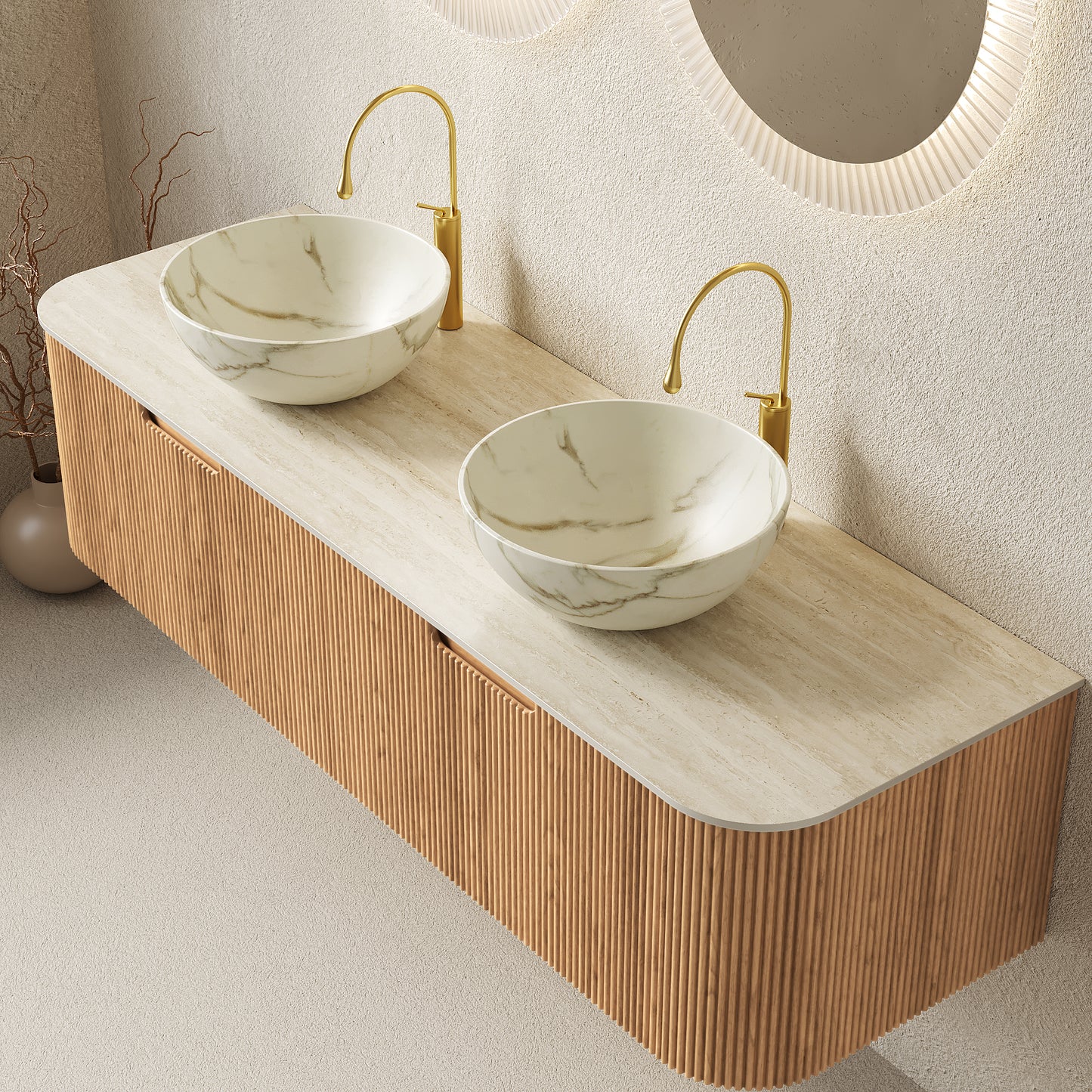 DINA Bathroom Vanity&Sinks, Floating Curved Edges Striped Storage Cabinet, Natural Woodgrain