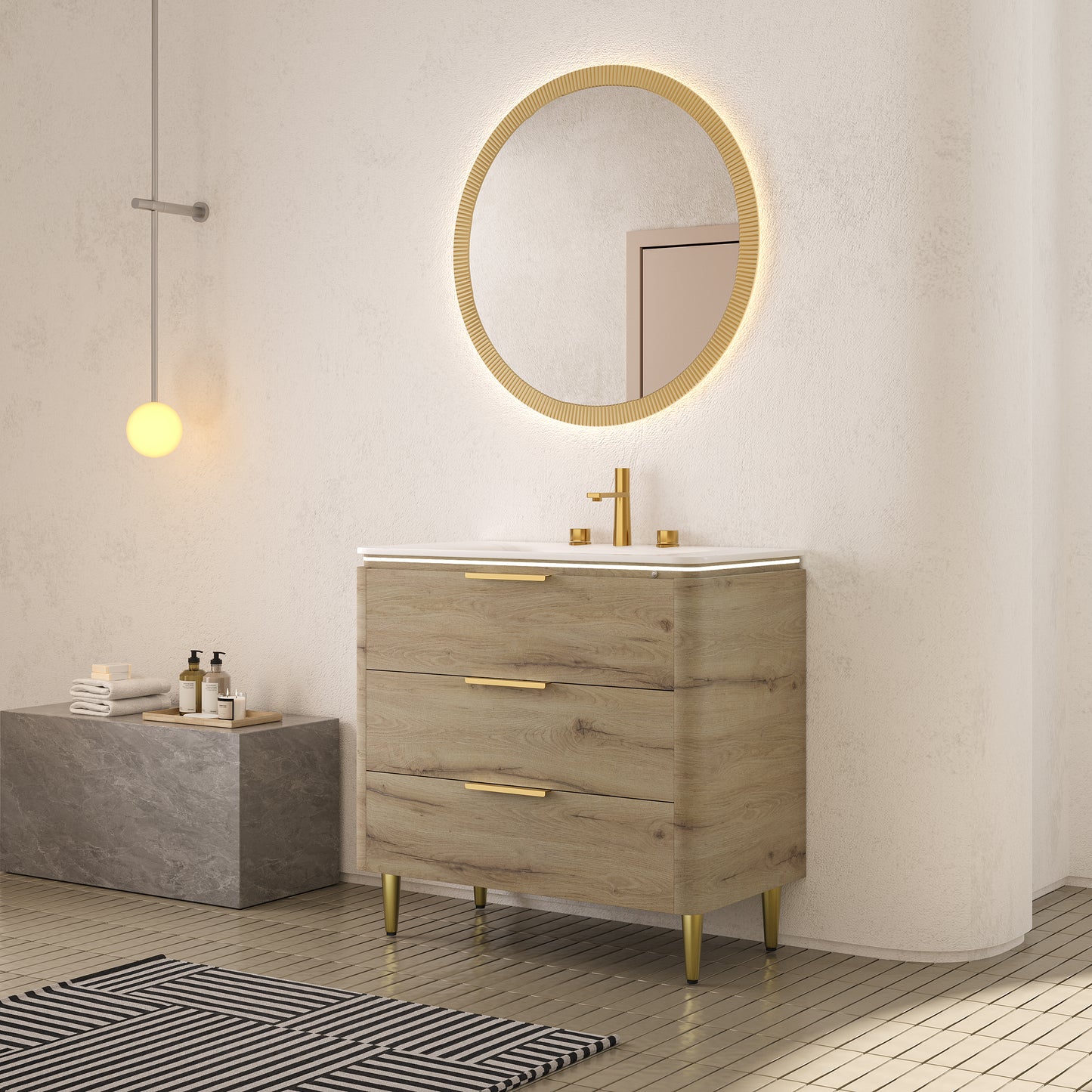 AMARA 36'' Bathroom Vanity with Sink, Freestanding Curved Edges Plywood Bathroom Storage Cabinet with 3 Drawers, Carrara White Sintered Stone Integrated Basin,