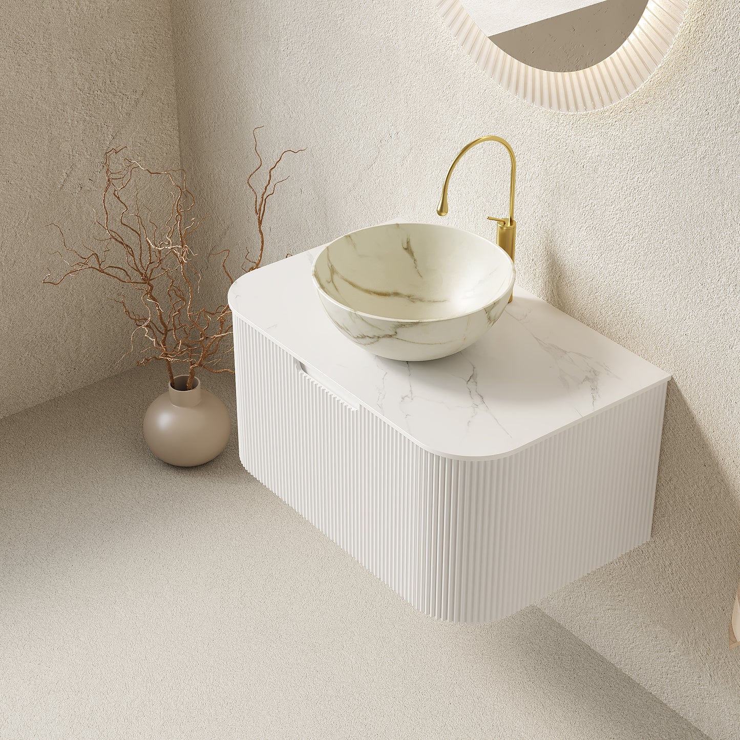 DINA 24" Bathroom Vanity&Sink, Floating Curved Edges Striped Storage Cabinet with Drawer, Matte Stone White Bowl Ceramic Basin&Carrara White Sintered Stone Top, Pre-assembled, White Color