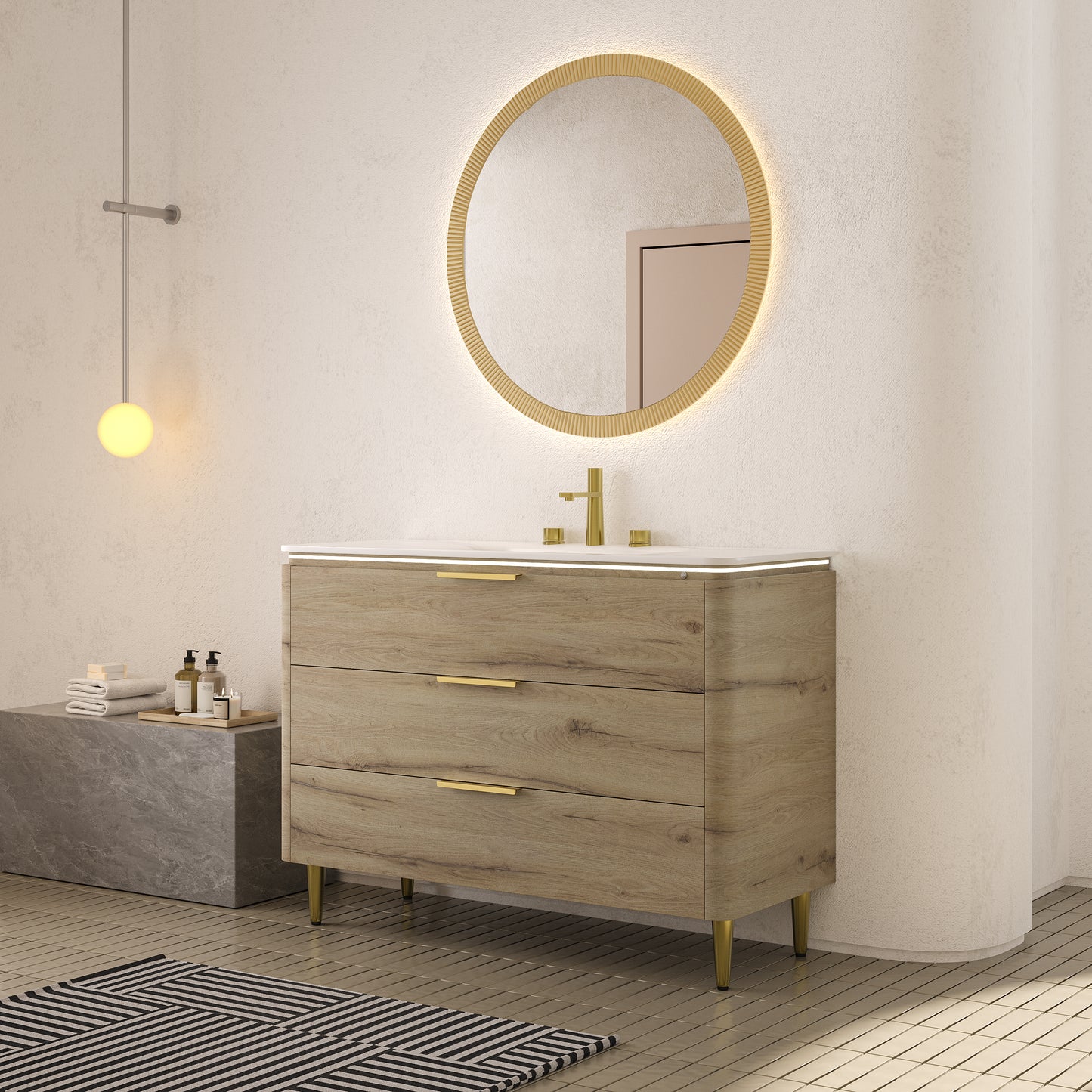 AMARA 36'' Bathroom Vanity with Sink, Freestanding Curved Edges Plywood Bathroom Storage Cabinet with 3 Drawers, Carrara White Sintered Stone Integrated Basin,