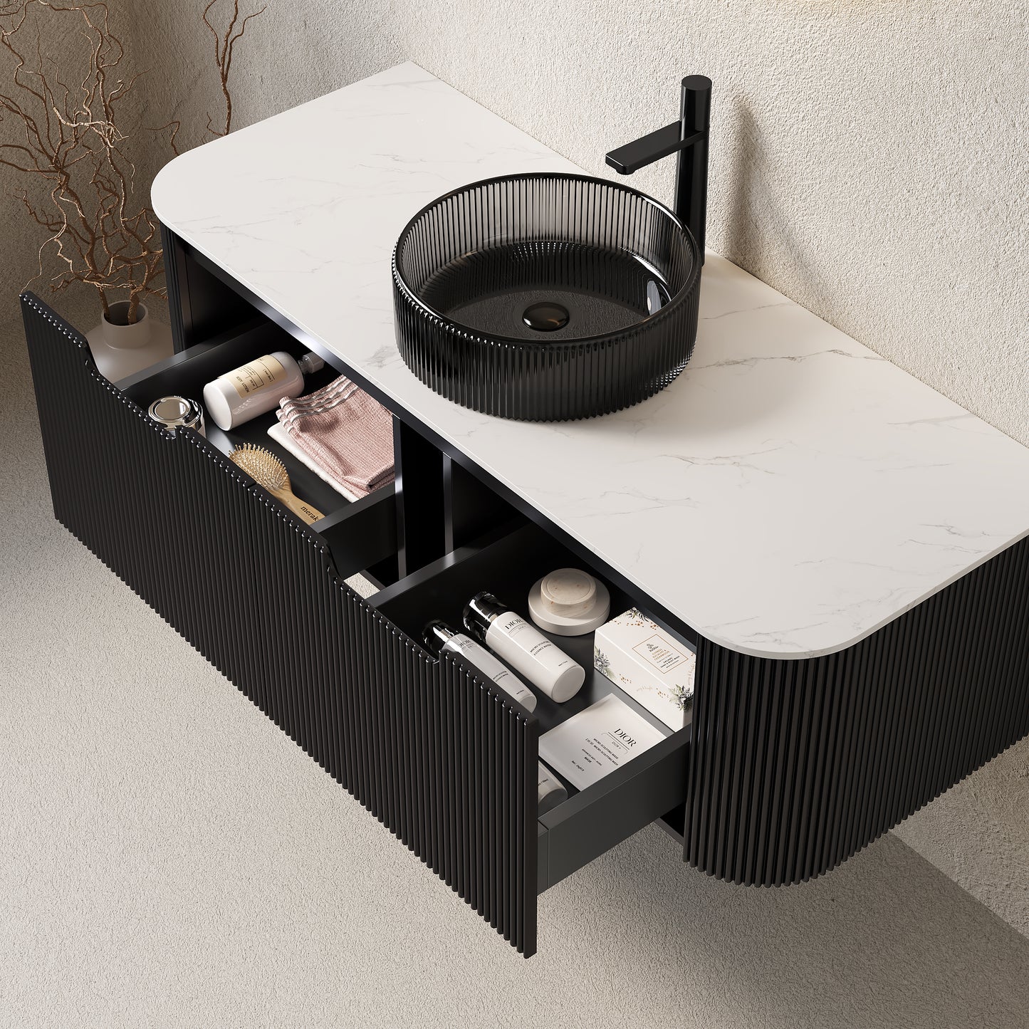 DINA 24" Bathroom Vanity with Sink, Wall-Mounted Curved Edges Striped Storage Cabinet with Drawer, Transparent Black Round Glass Basin and Countertop, Pre-assembled, Black Color