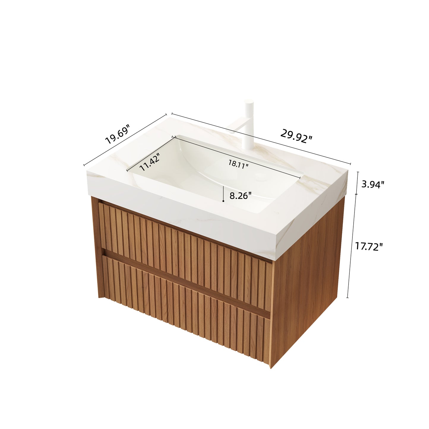 TILLEY 76,2 cm Badezimmer-Waschtisch und Waschbecken, wandmontierter Aufbewahrungsschrank aus gestreiftem Sperrholz mit 2 Schubladen, Calacatta-Gold