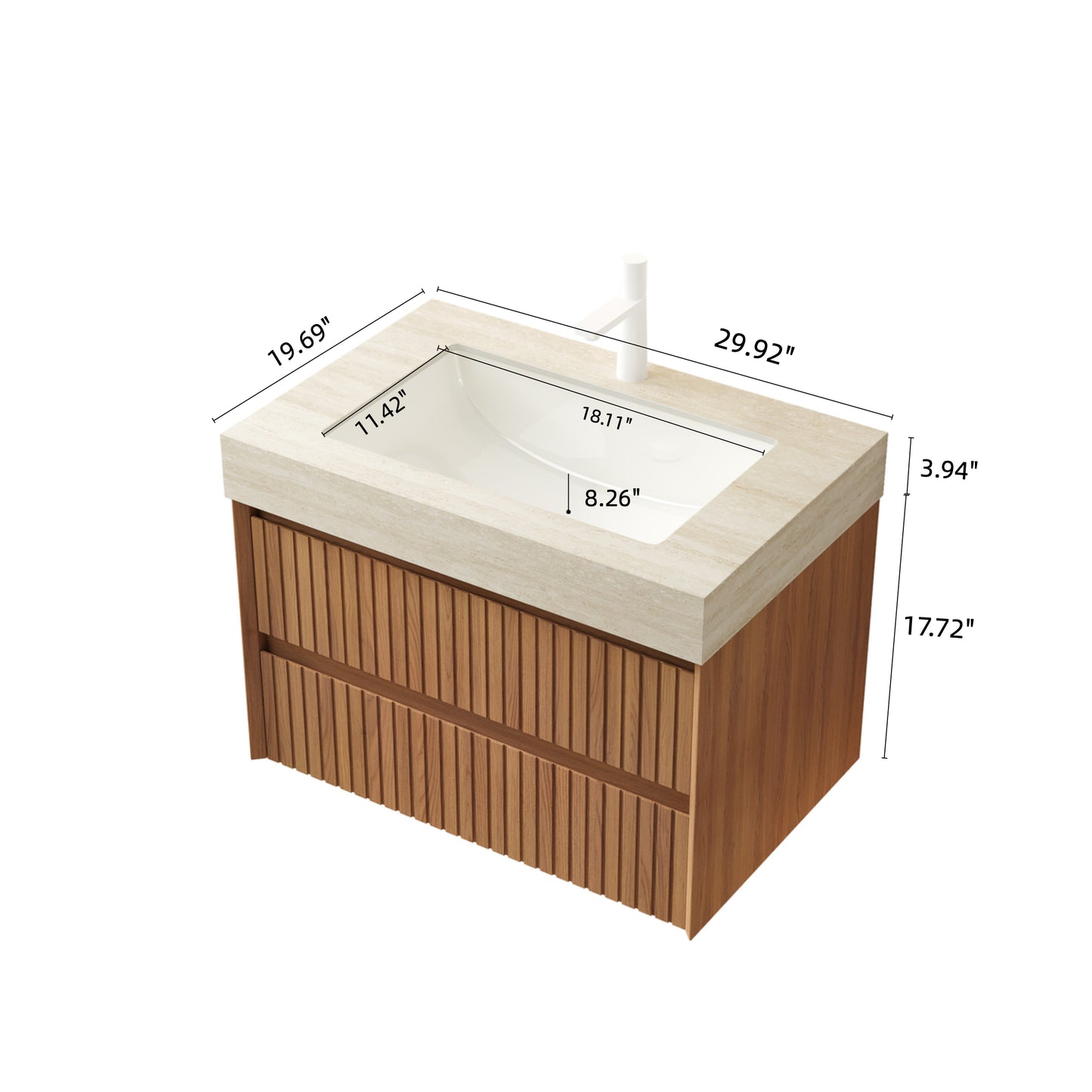 TILLEY 30" Bathroom Vanity&Sink, Floating Striped Plywood Storage Cabinet with 2 Drawers,Travertine-Pattern Sintered Stone Top