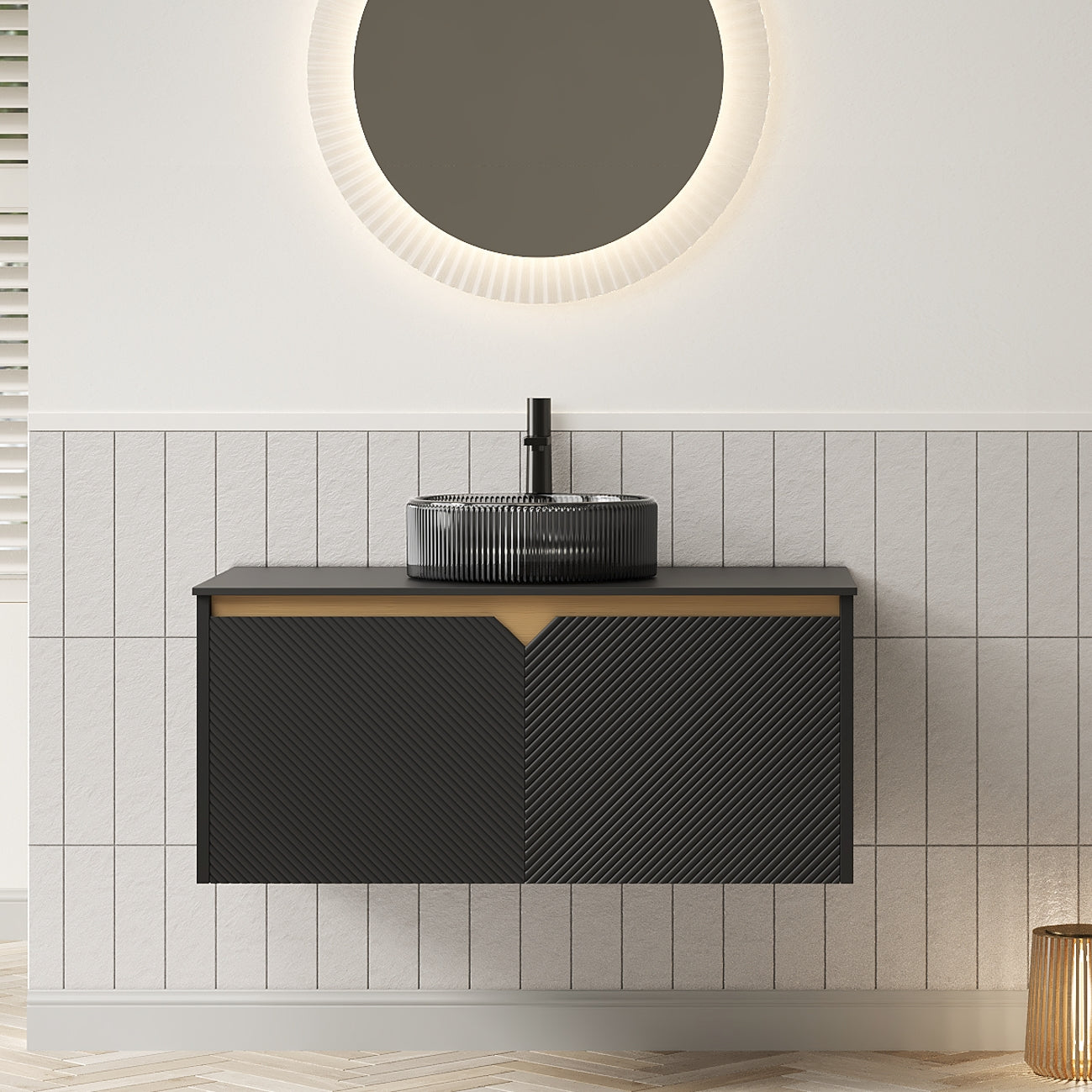 RUBEN 36" Bathroom Vanity&Sink, Wall-Mounted Floating Plywood Storage Cabinet, Twill Double Doors with Metal Trim, Transparent Black Round Glass Basin&Black Sintered Stone Top, Black