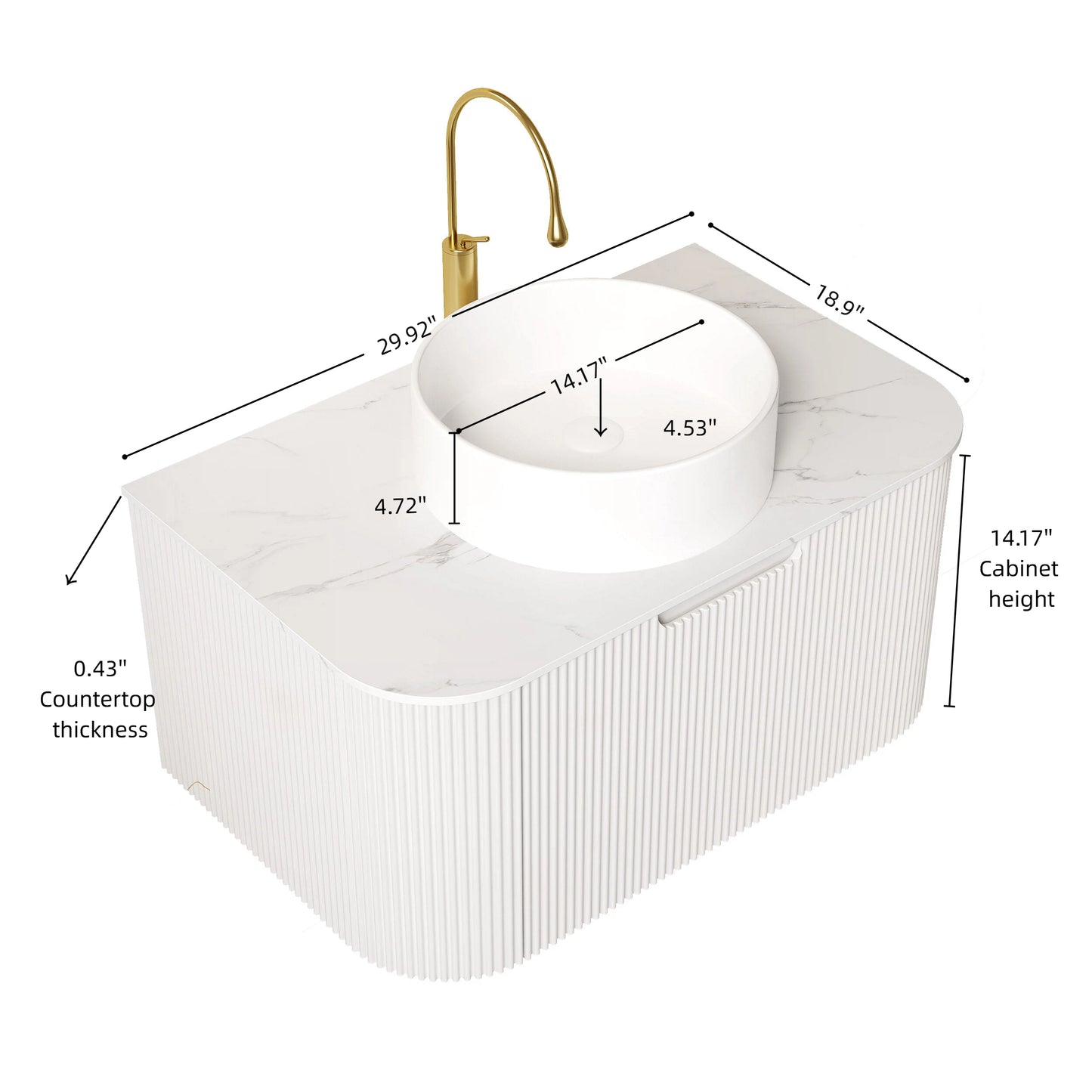 DINA 24" Bathroom Vanity&Sink, Floating Curved Edges Striped Plywood Storage Bathroom Cabinet with Drawer, White Round Ceramic Basin& Carrara White Sintered Stone Top, Pre-assembled, White (New SKU)