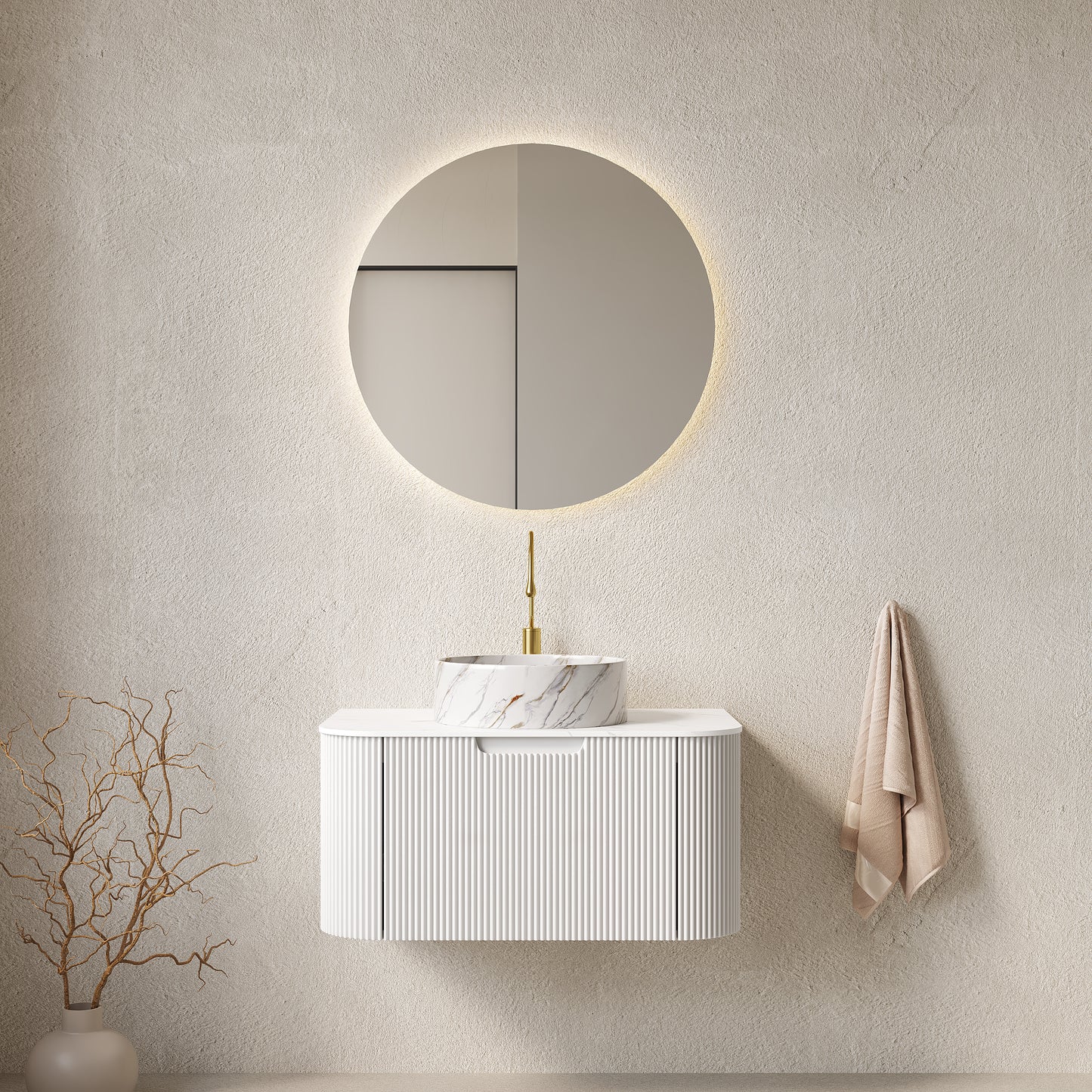 DINA Bathroom Vanity&Sink, Floating Curved Edges Striped Plywood Storage Bathroom Cabinet,White