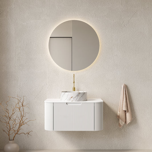 DINA Bathroom Vanity&Sink, Floating Curved Edges Striped Plywood Storage Bathroom Cabinet,White