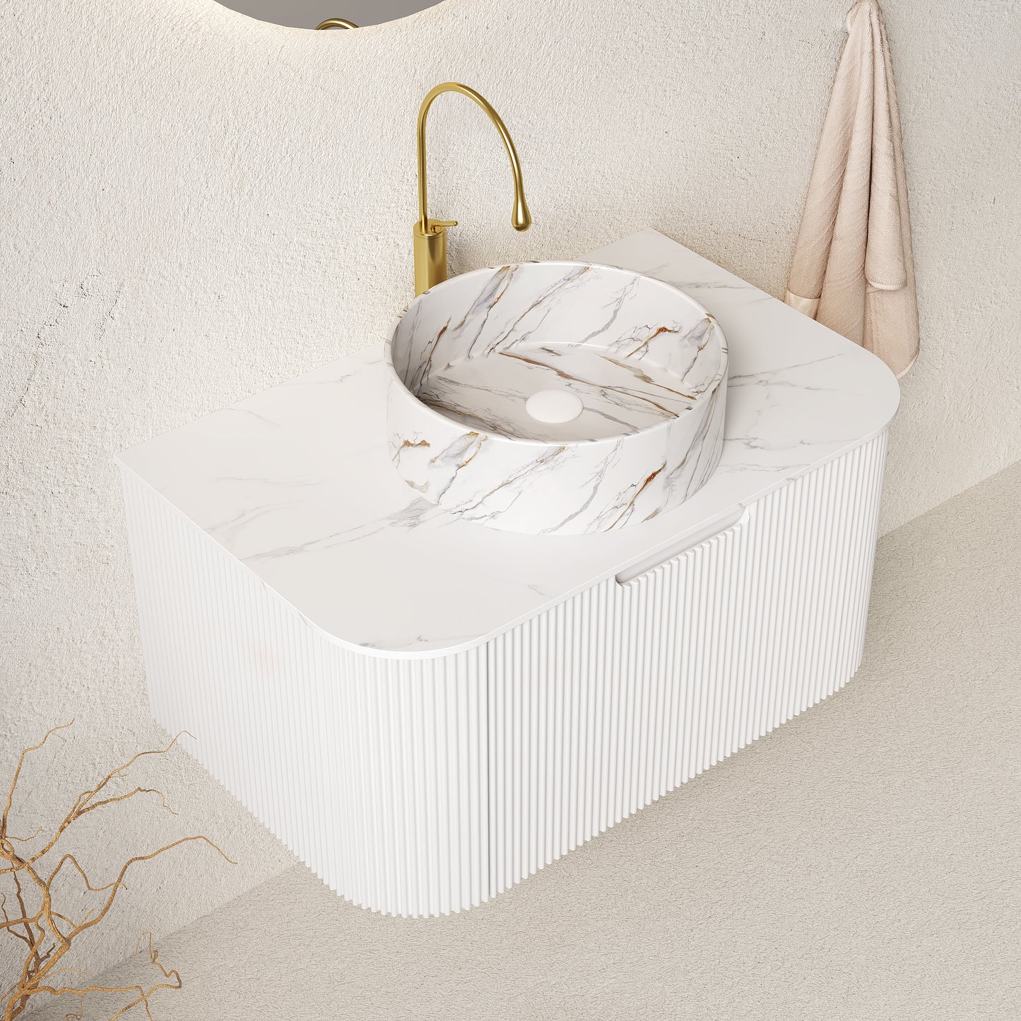 DINA Bathroom Vanity&Sink, Floating Curved Edges Striped Plywood Storage Bathroom Cabinet,White