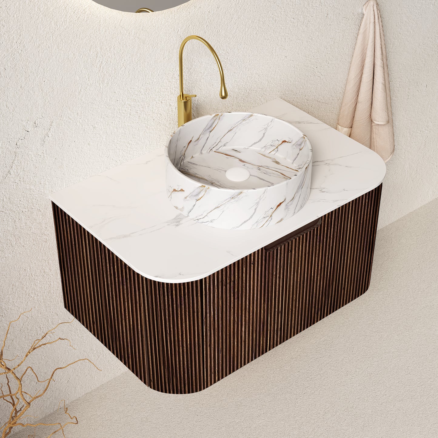 DINA Bathroom Vanity with Sink, Wall-Mounted Curved Edges Striped Bathroom Storage Cabinet Walnut Woodgrain Color