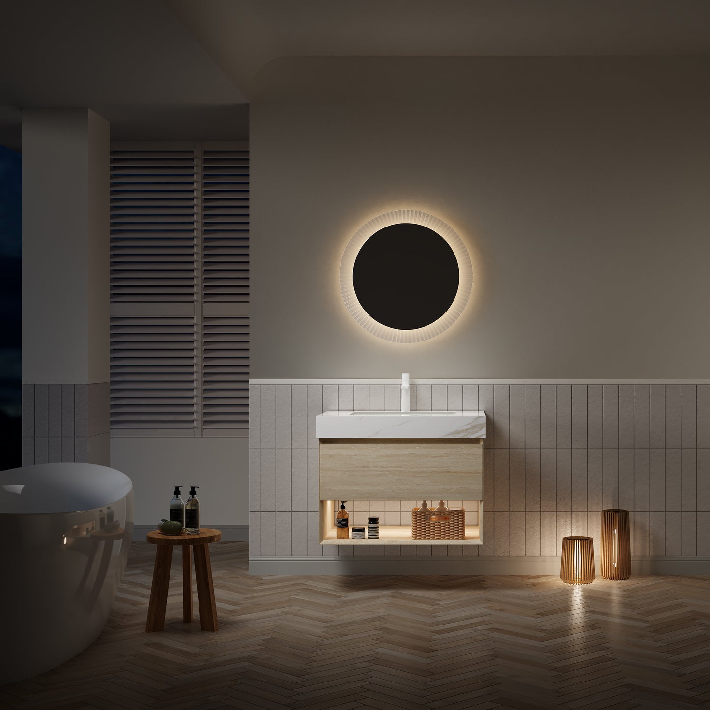 FRIGGA 30" Badezimmer-Waschtisch und Waschbecken, schwebender Sperrholz-Aufbewahrungsschrank, Schublade und Regal mit Sensorlicht