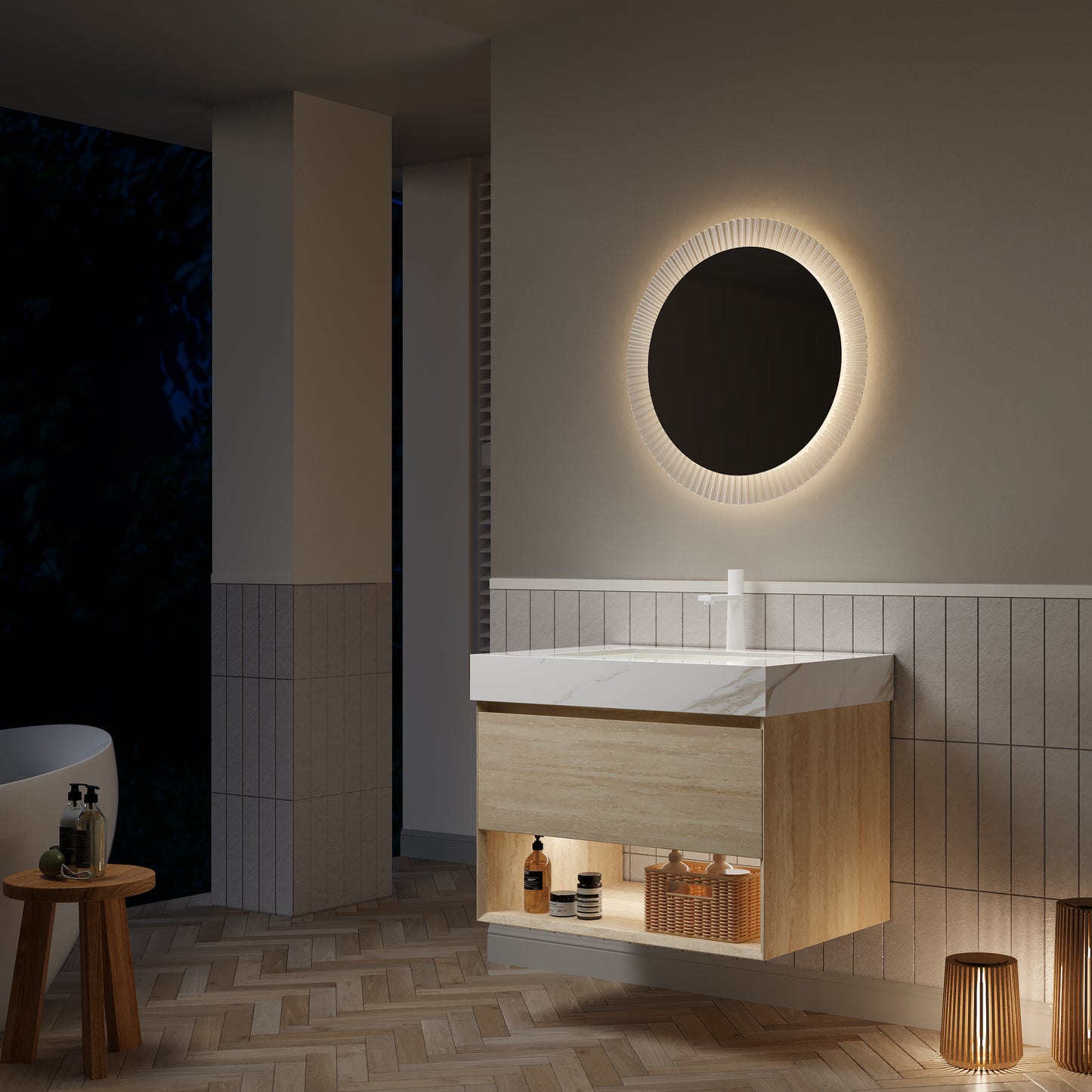 FRIGGA 30" Badezimmer-Waschtisch und Waschbecken, schwebender Sperrholz-Aufbewahrungsschrank, Schublade und Regal mit Sensorlicht