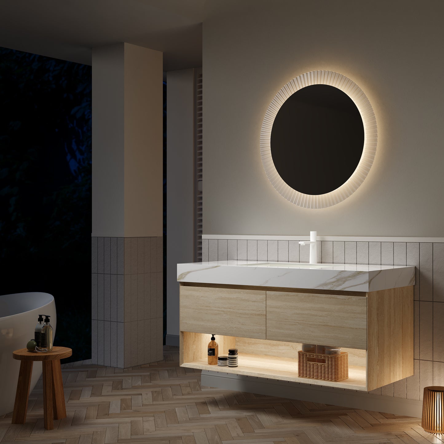 FRIGGA 30" Badezimmer-Waschtisch und Waschbecken, schwebender Sperrholz-Aufbewahrungsschrank, Schublade und Regal mit Sensorlicht