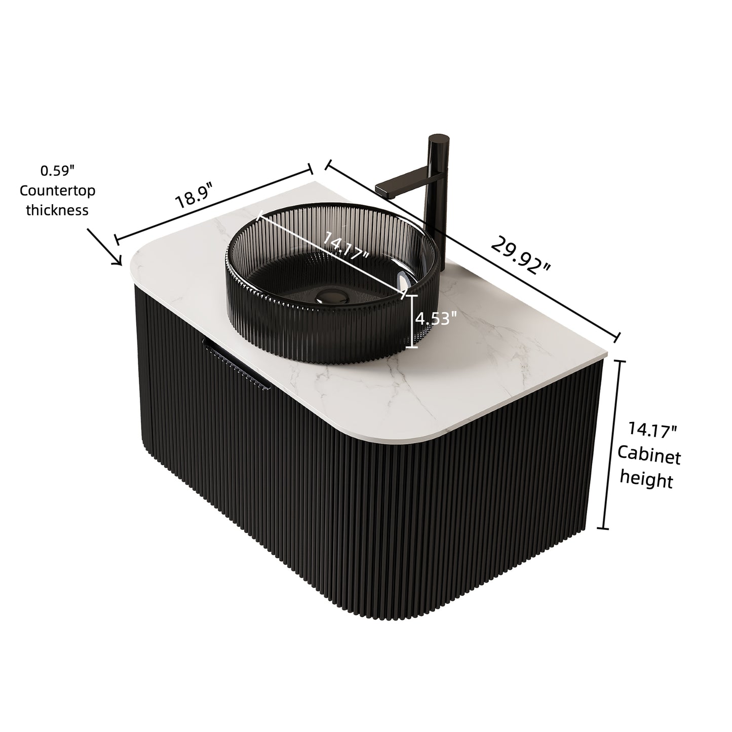 DINA 24" Bathroom Vanity with Sink, Wall-Mounted Curved Edges Striped Storage Cabinet with Drawer, Transparent Black Round Glass Basin and Countertop, Pre-assembled, Black Color