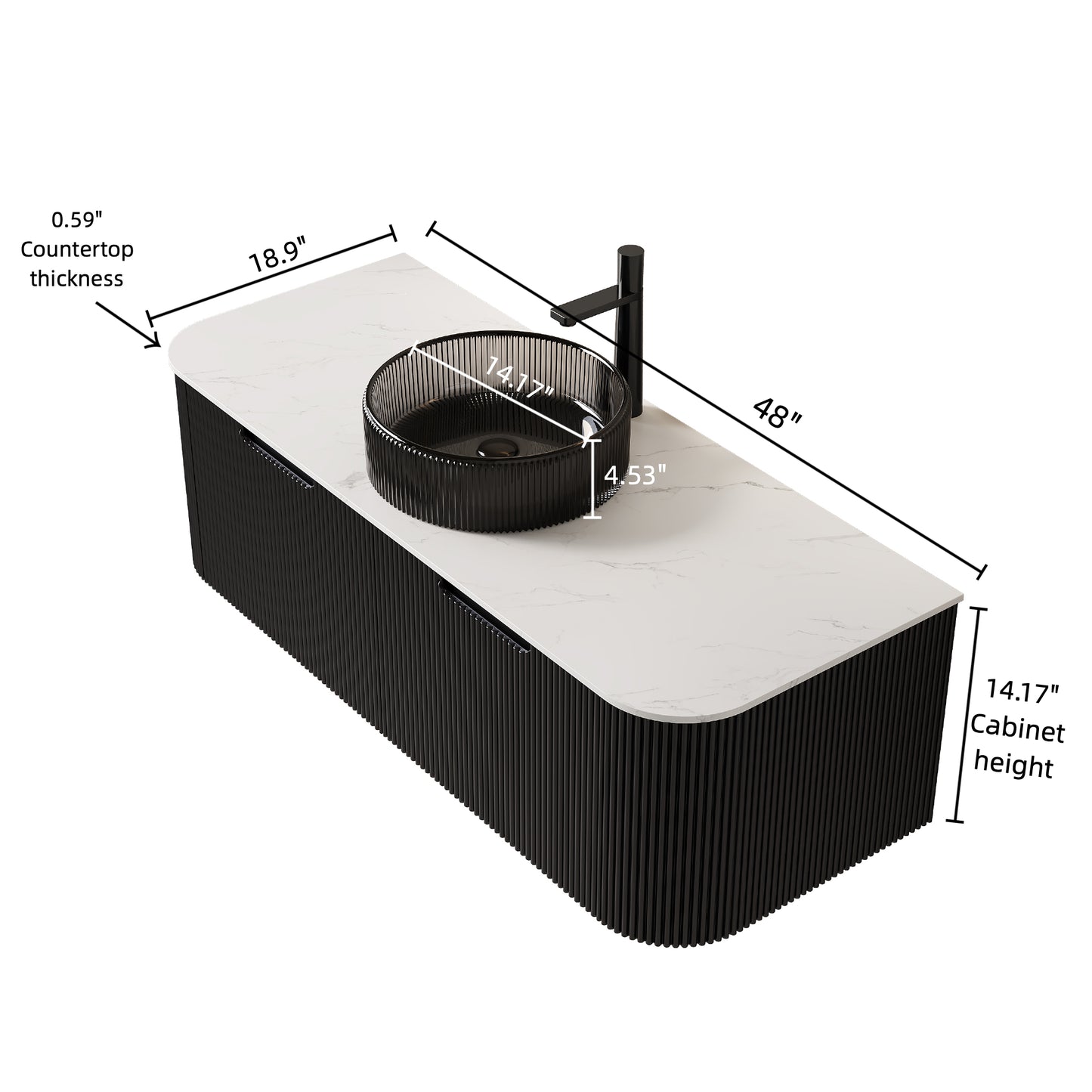 DINA 24" Bathroom Vanity with Sink, Wall-Mounted Curved Edges Striped Storage Cabinet with Drawer, Transparent Black Round Glass Basin and Countertop, Pre-assembled, Black Color