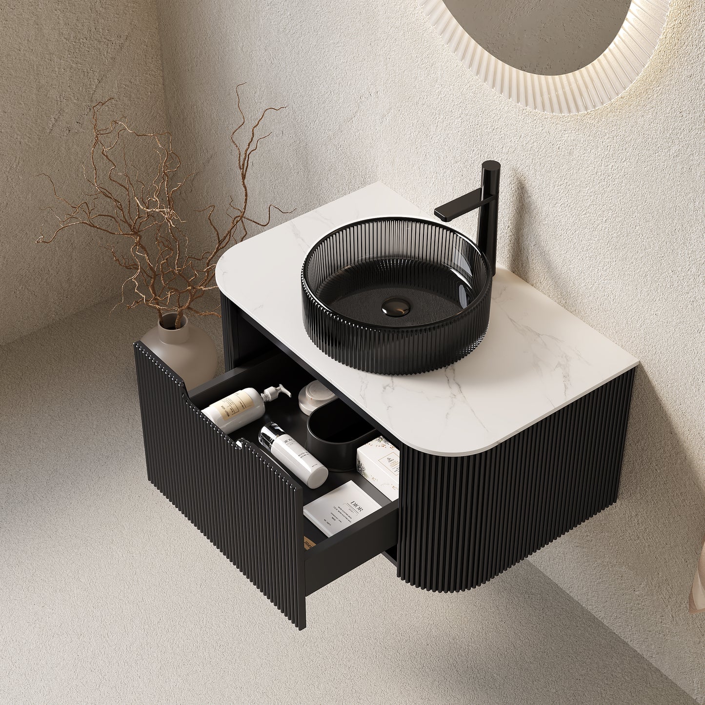 DINA 24" Bathroom Vanity with Sink, Wall-Mounted Curved Edges Striped Storage Cabinet with Drawer, Transparent Black Round Glass Basin and Countertop, Pre-assembled, Black Color