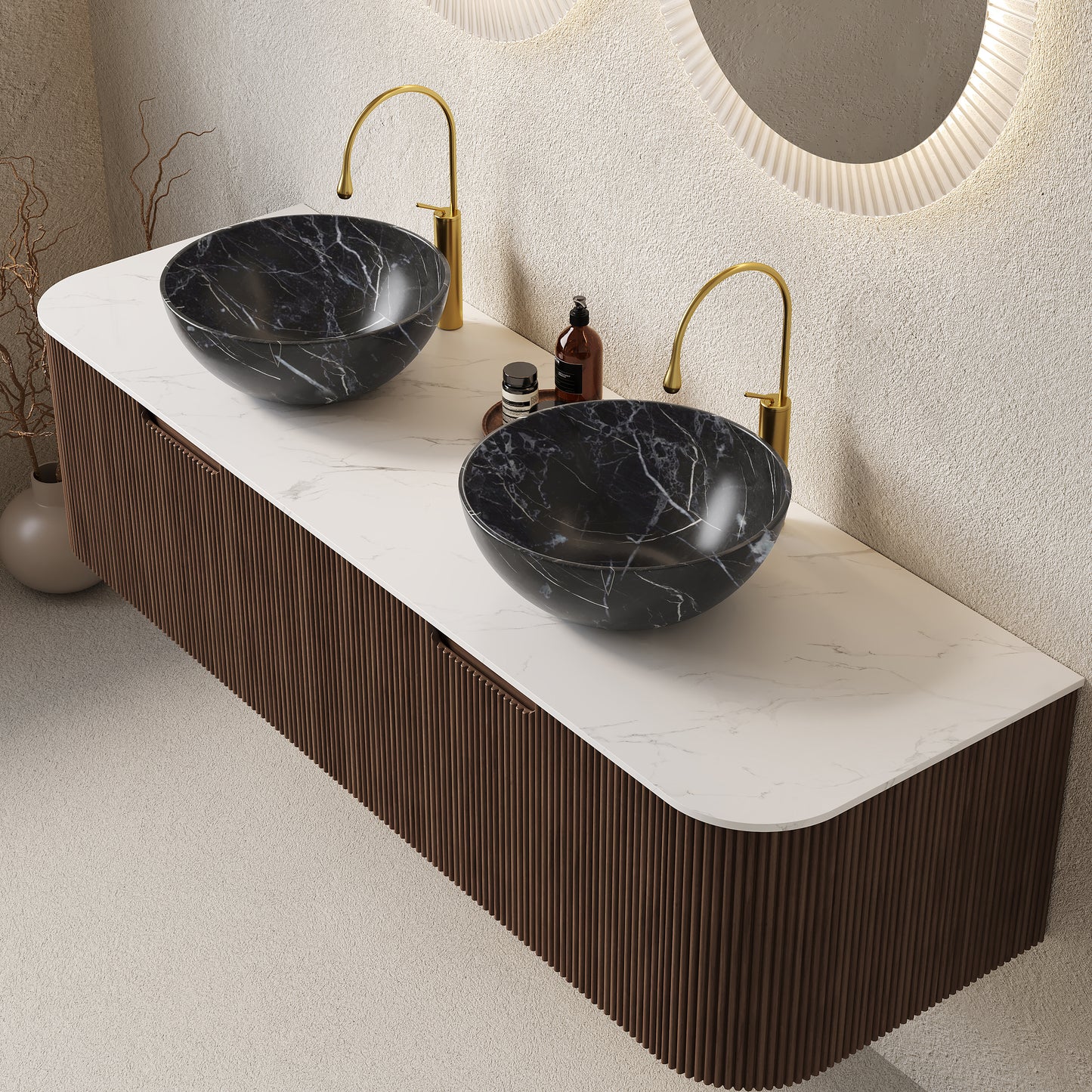 DINA Bathroom Vanity with Sink, Wall-Mounted Curved Edges Striped Bathroom Storage Cabinet Walnut Woodgrain Color
