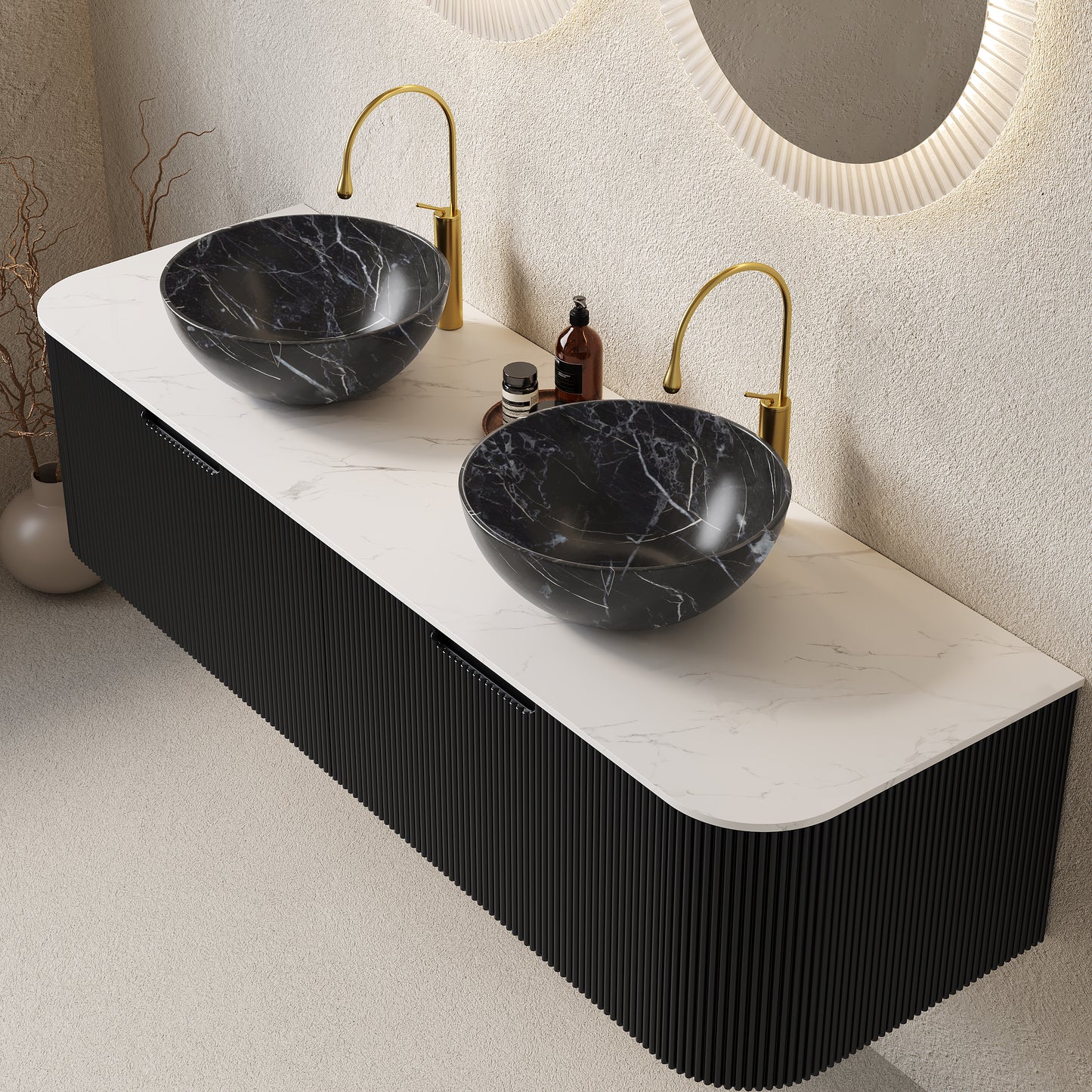 DINA Bathroom Vanity with Sink, Wall-Mounted Curved Edges Striped Storage Cabinet Black Color