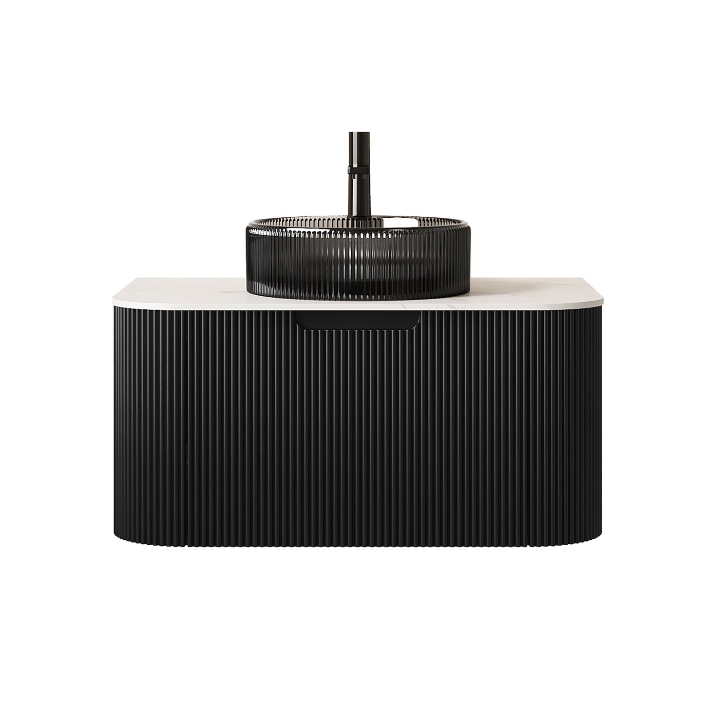 DINA 24" Bathroom Vanity with Sink, Wall-Mounted Curved Edges Striped Storage Cabinet with Drawer, Transparent Black Round Glass Basin and Countertop, Pre-assembled, Black Color