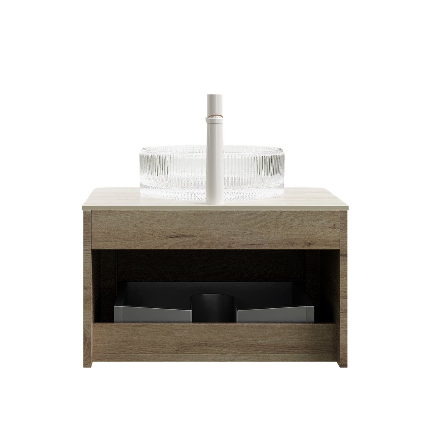 XAI 36" Bathroom Vanity with Sink, Floating Plywood Storage Cabinet with Drawer, Transparent Round Glass Basin