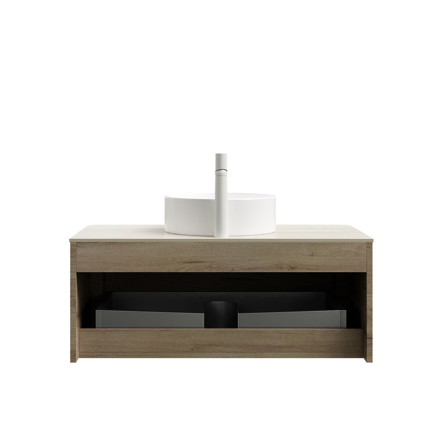 XAI 36" Badezimmerwaschtisch mit Waschbecken, Wandmontierter Sperrholzschrank mit Schublade, Weißes rundes Keramikbecken