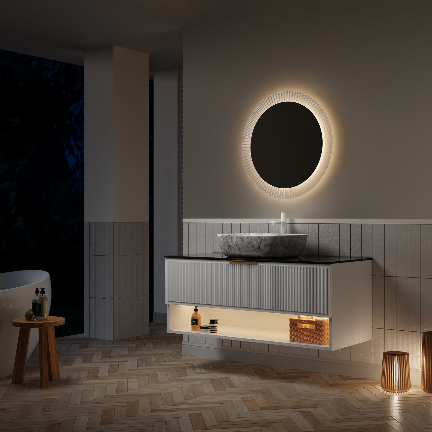 MALONE 48" Badezimmer-Waschtisch mit Waschbecken, schwebender Sperrholz-Aufbewahrungsschrank